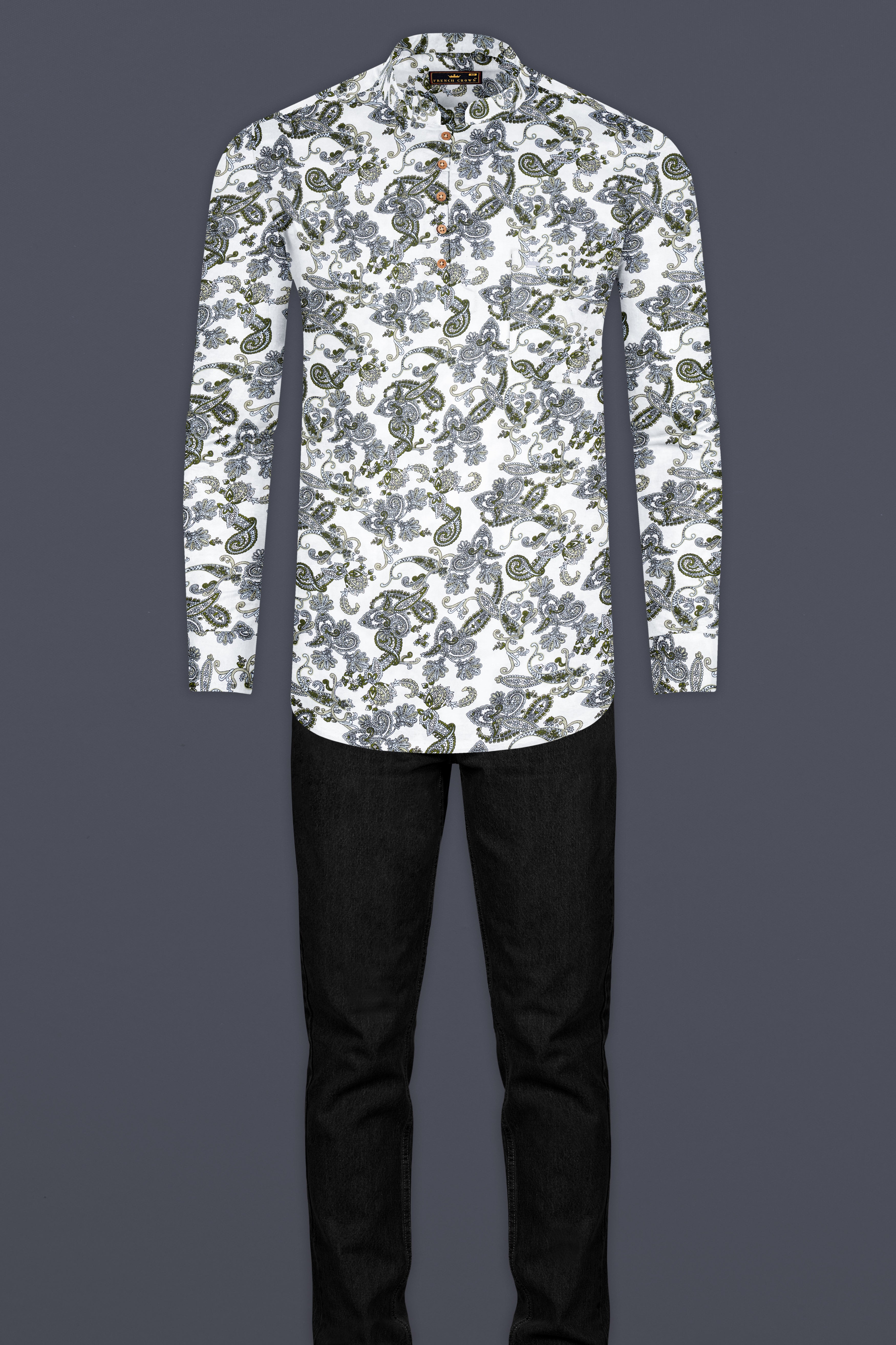 White Lilac and Rifle Green Paisley Printed Tencel Kurta Shirt