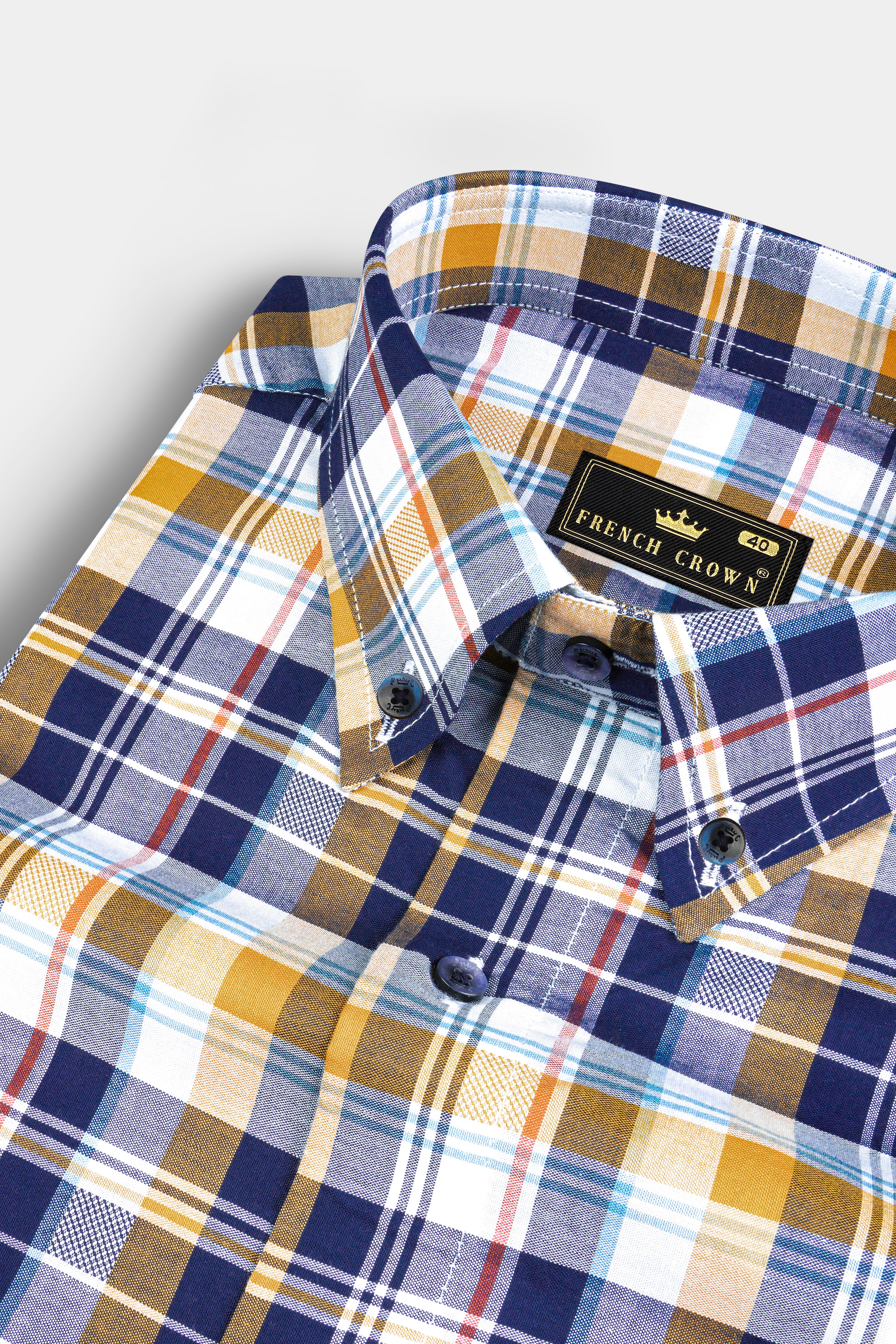 Metallic Blue and Desert Sand Brown Plaid Dobby Textured Premium Giza Cotton Shirt