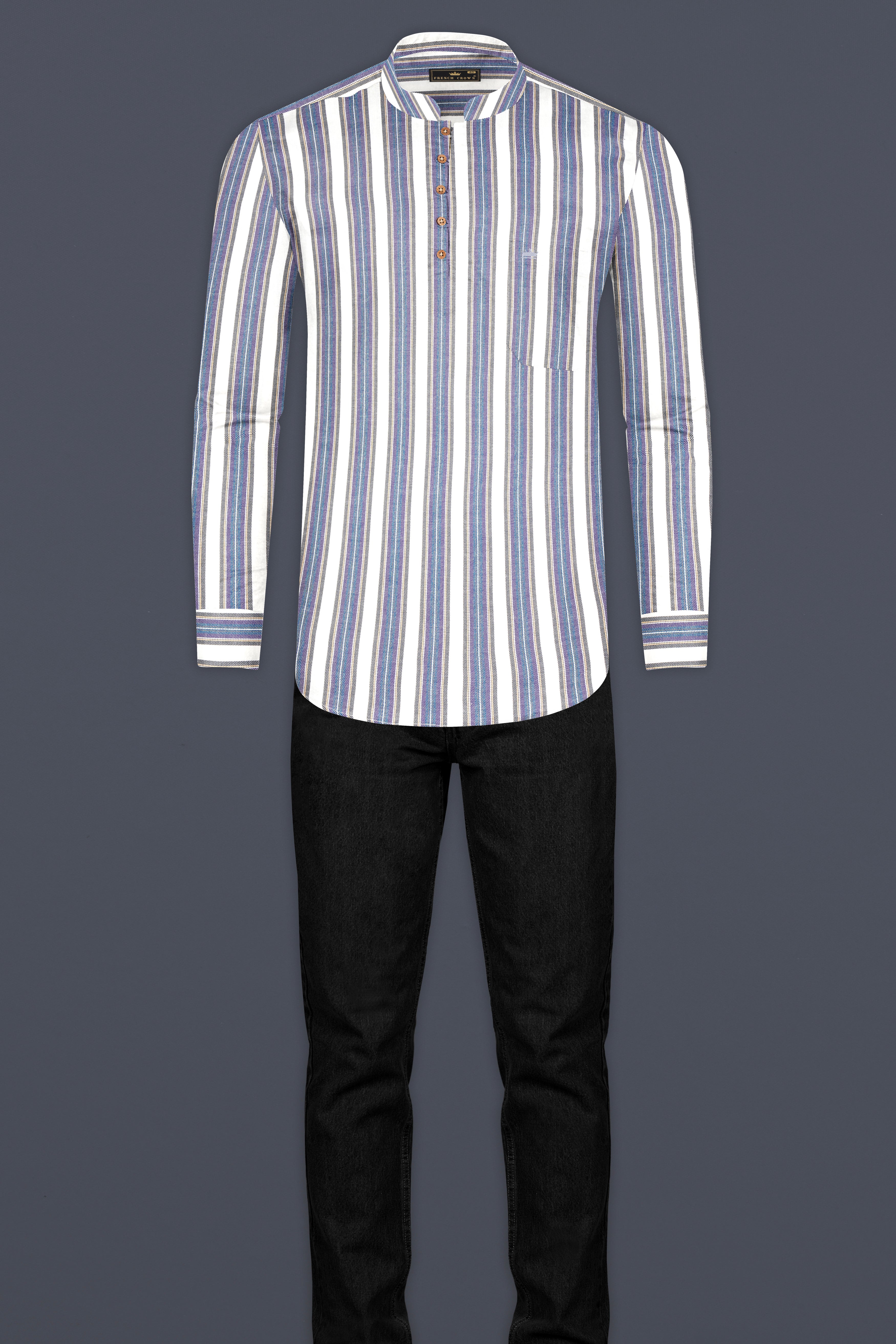 Soapstone White and denim blue Striped Twill Premium Cotton Kurta Shirt