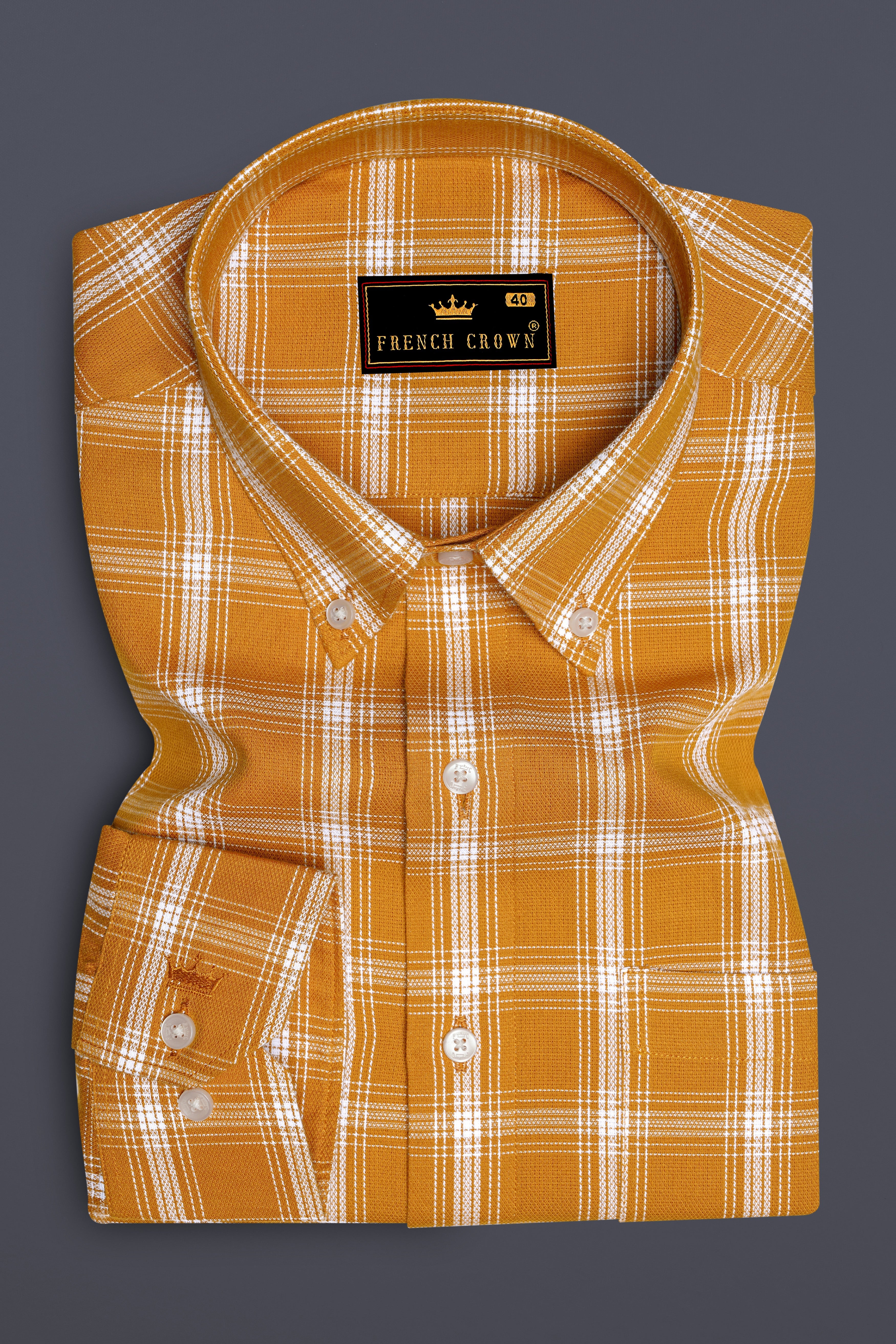 Cantaloupe Brown Plaid Dobby Textured Premium Giza Cotton Shirt