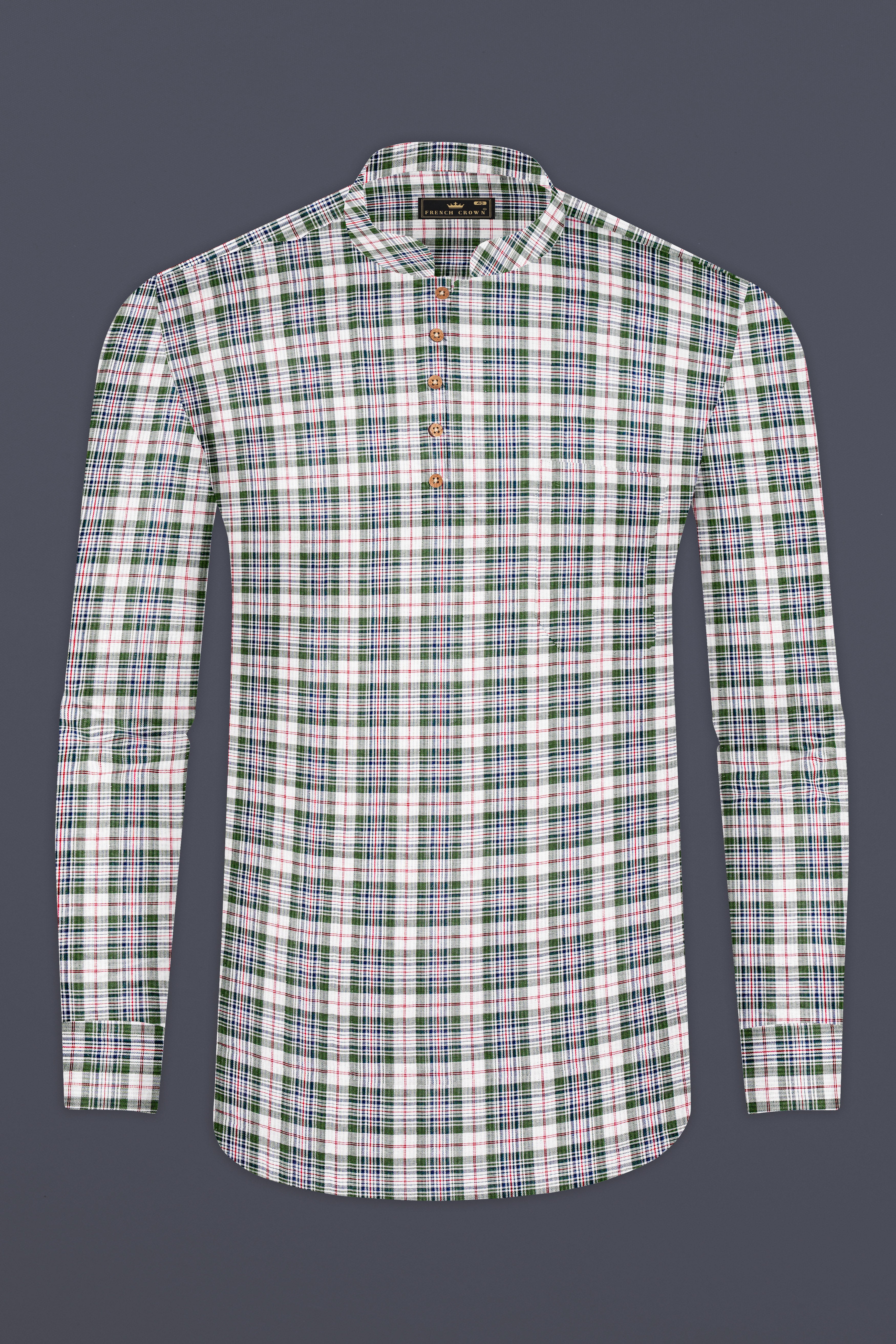 off White and Stromboli Green Plaid Twill Textured Premium Cotton Kurta Shirt