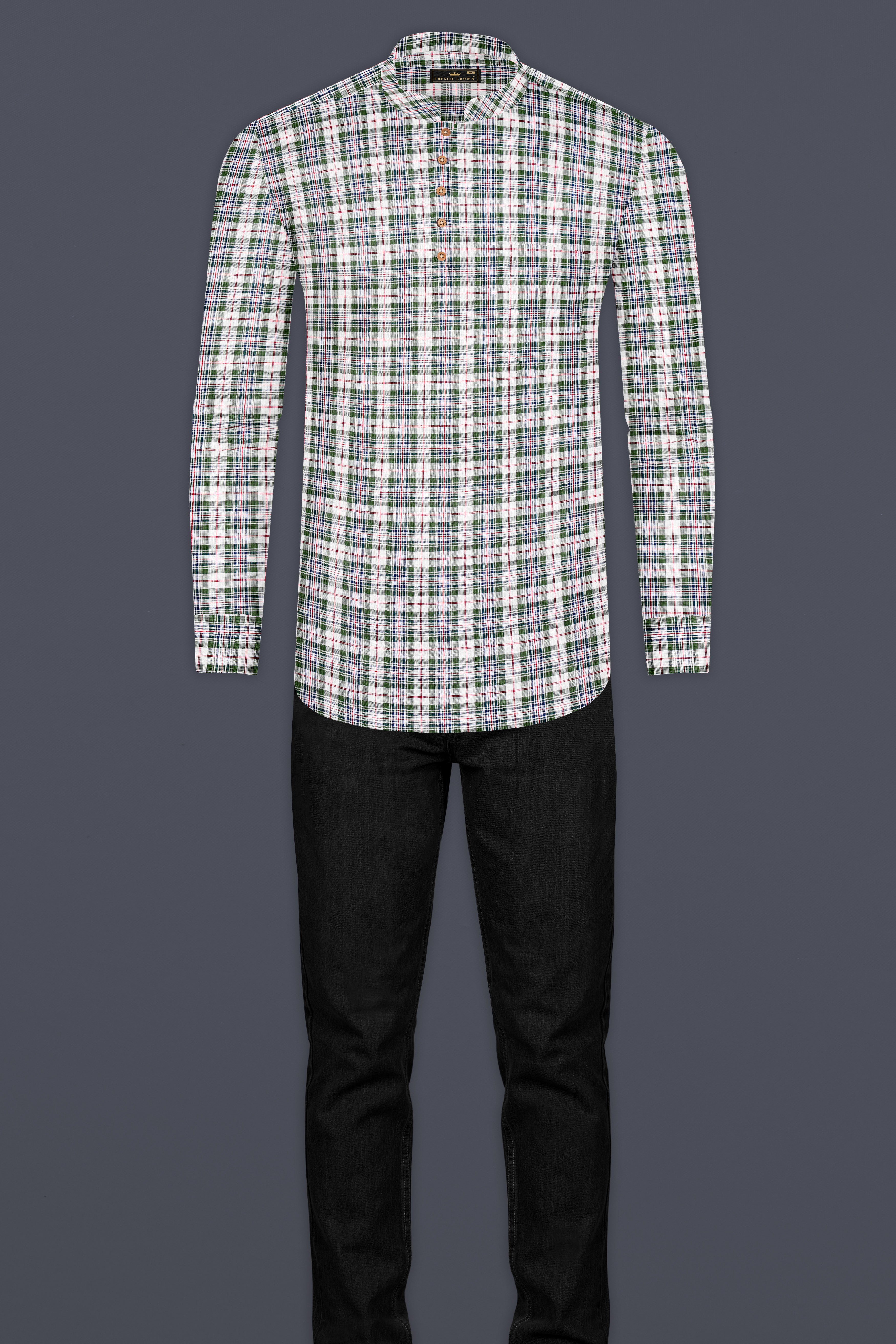 off White and Stromboli Green Plaid Twill Textured Premium Cotton Kurta Shirt