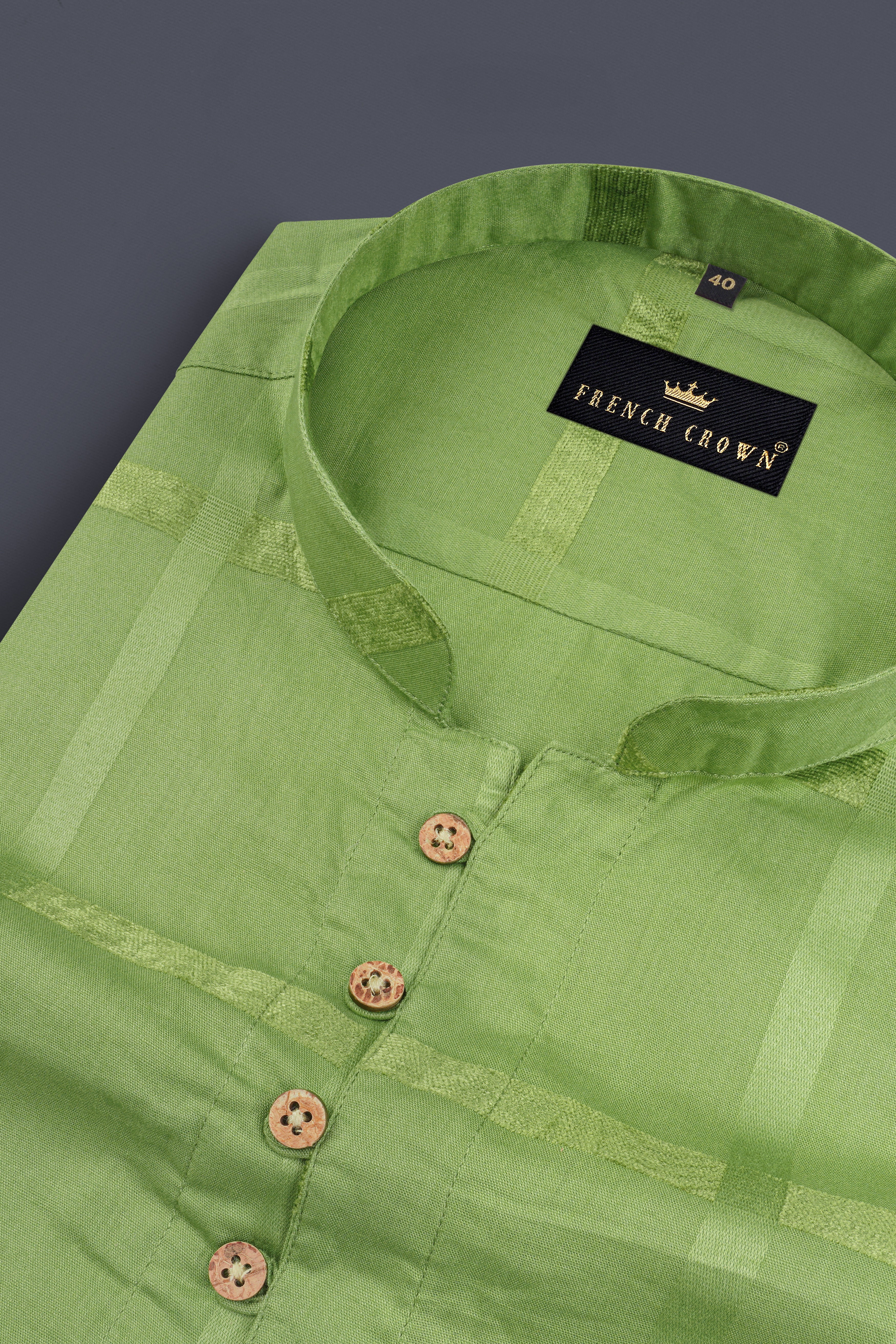 Asparagus Green Velvet Windowpane Dobby Textured Premium Giza Cotton Kurta Shirt