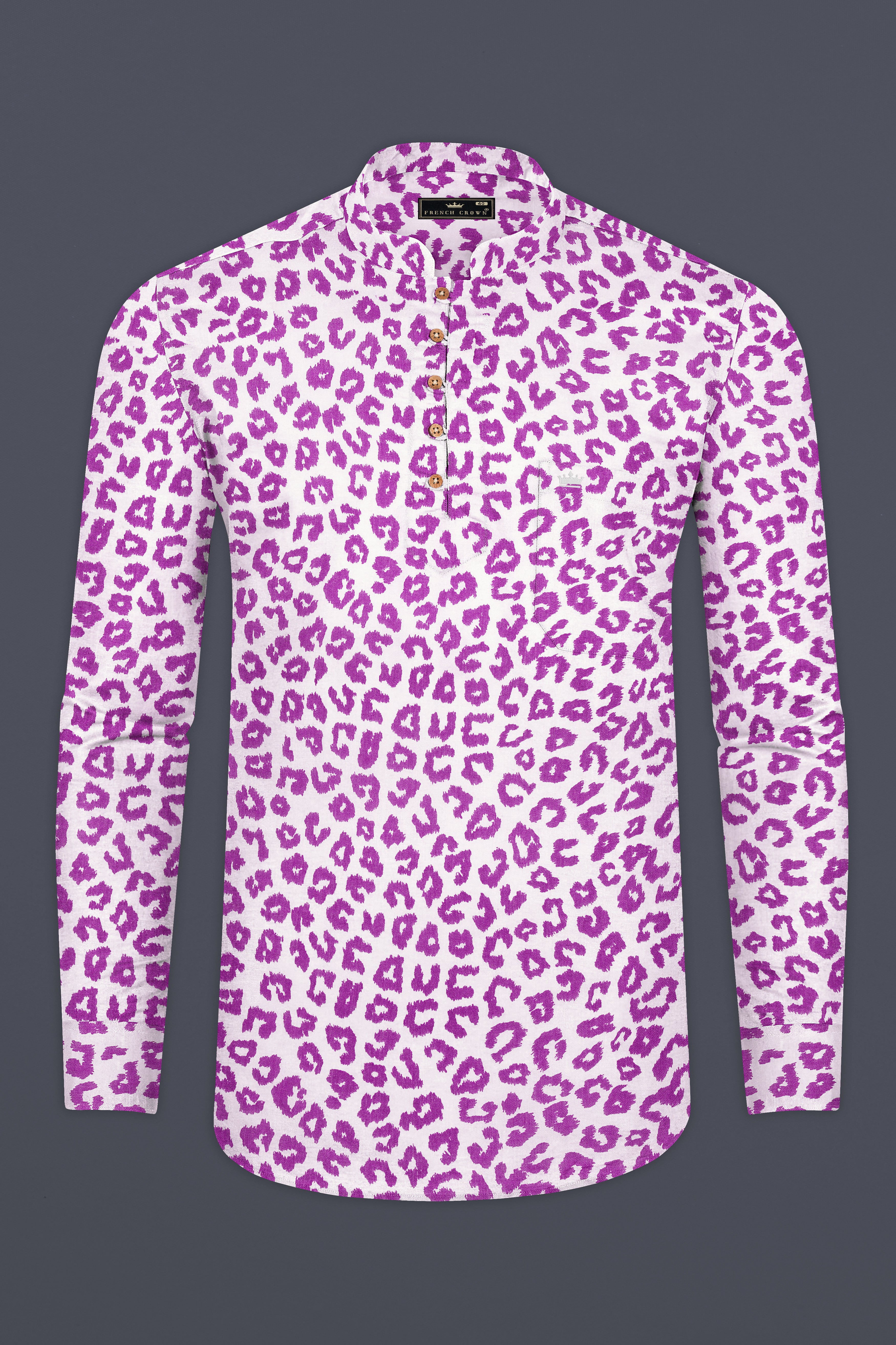 Bright White with Tapestry Pink Cheetah Print Lightweight Premium Tencel Kurta Shirt