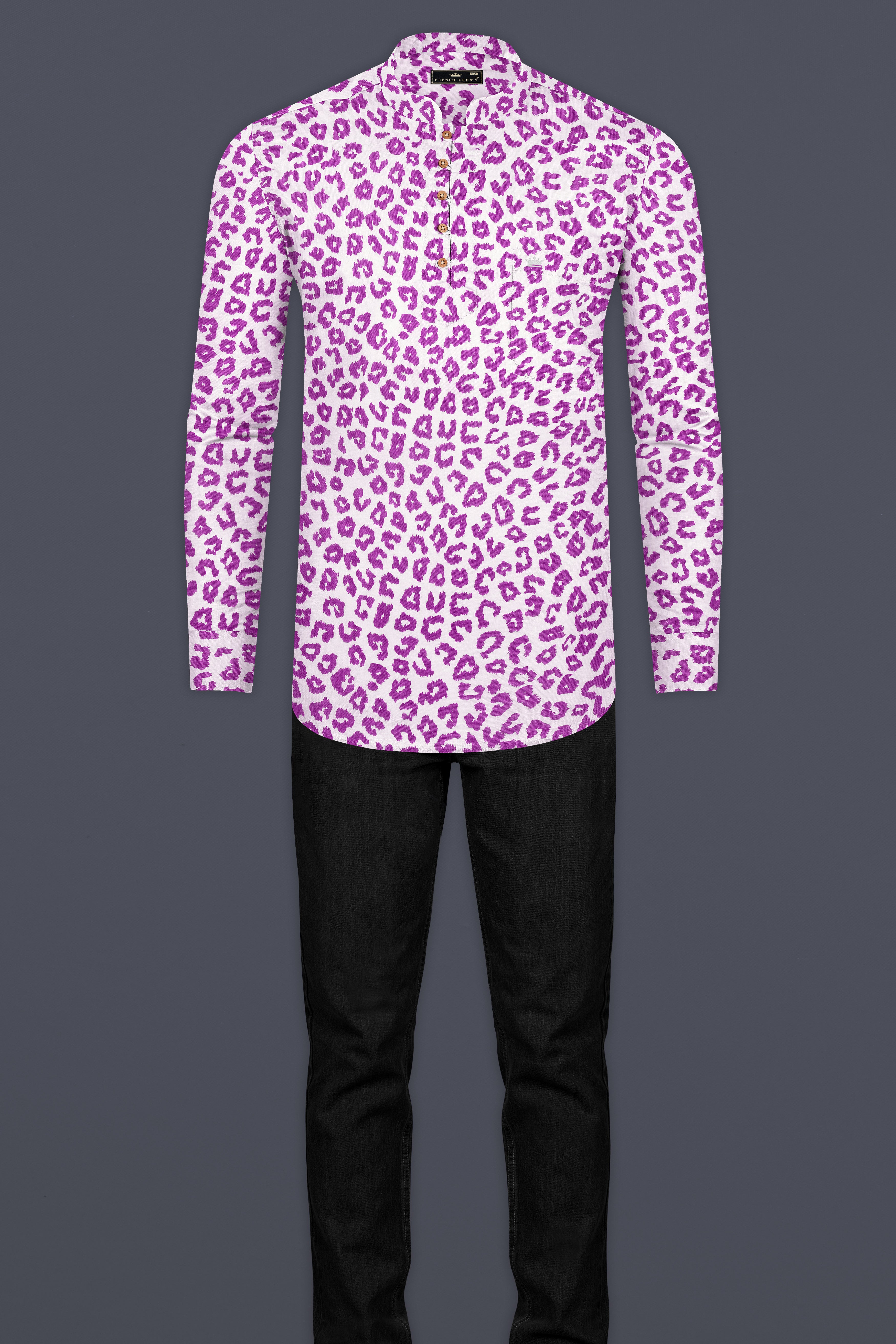 Bright White with Tapestry Pink Cheetah Print Lightweight Premium Tencel Kurta Shirt