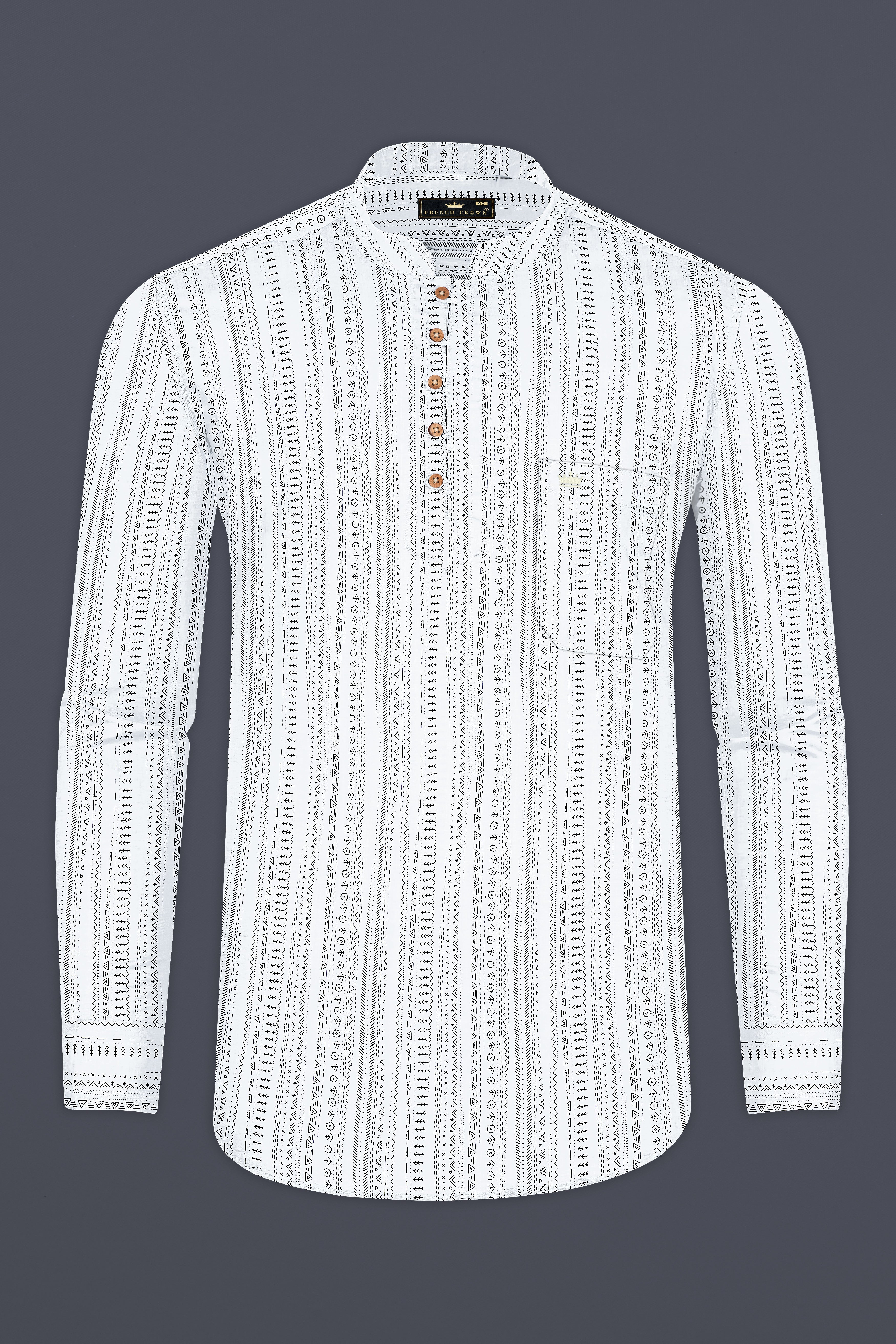 Bright White and Black Tribal Pattern Premium Cotton Kurta Shirt