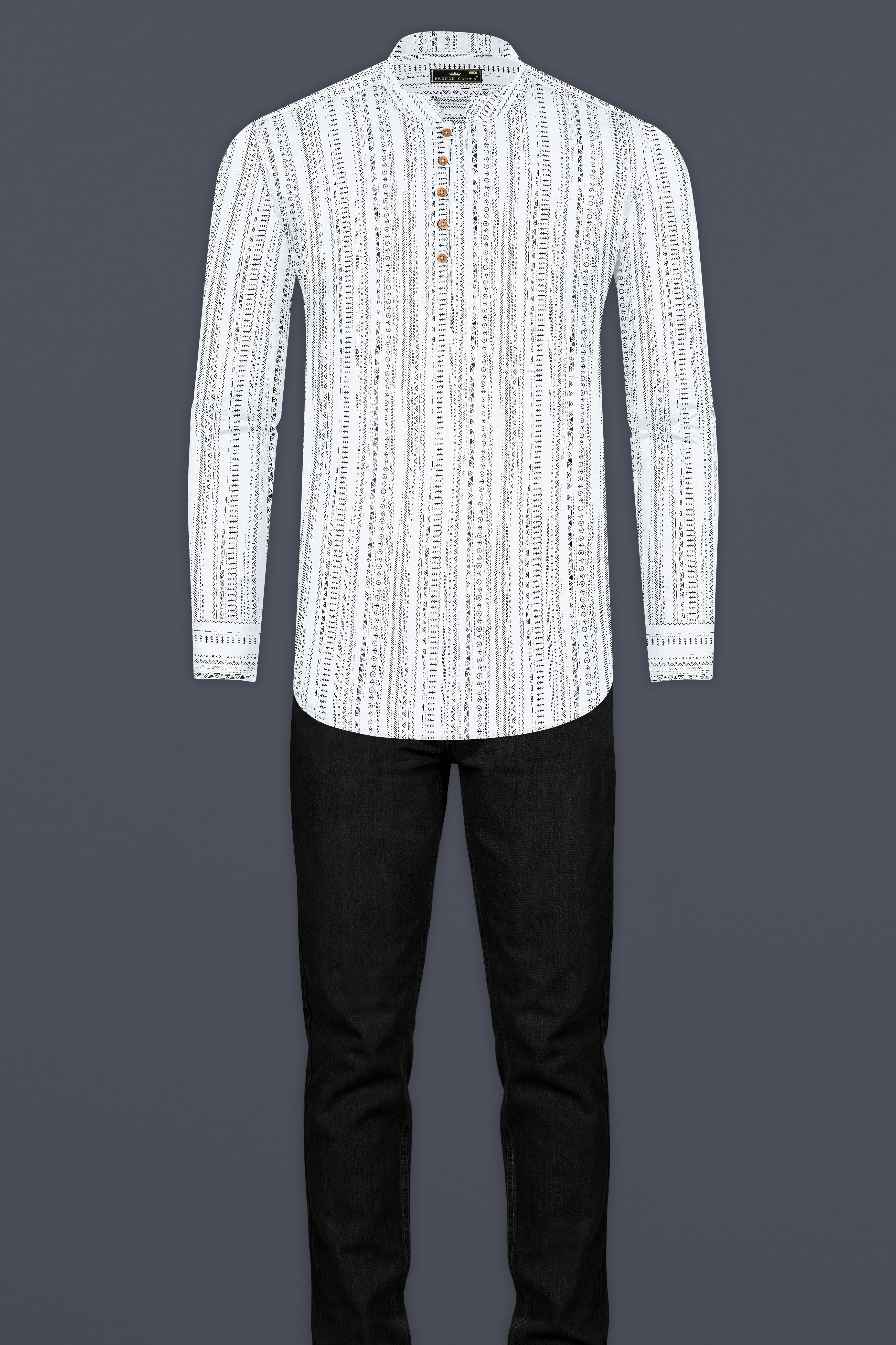 Bright White and Black Tribal Pattern Premium Cotton Kurta Shirt