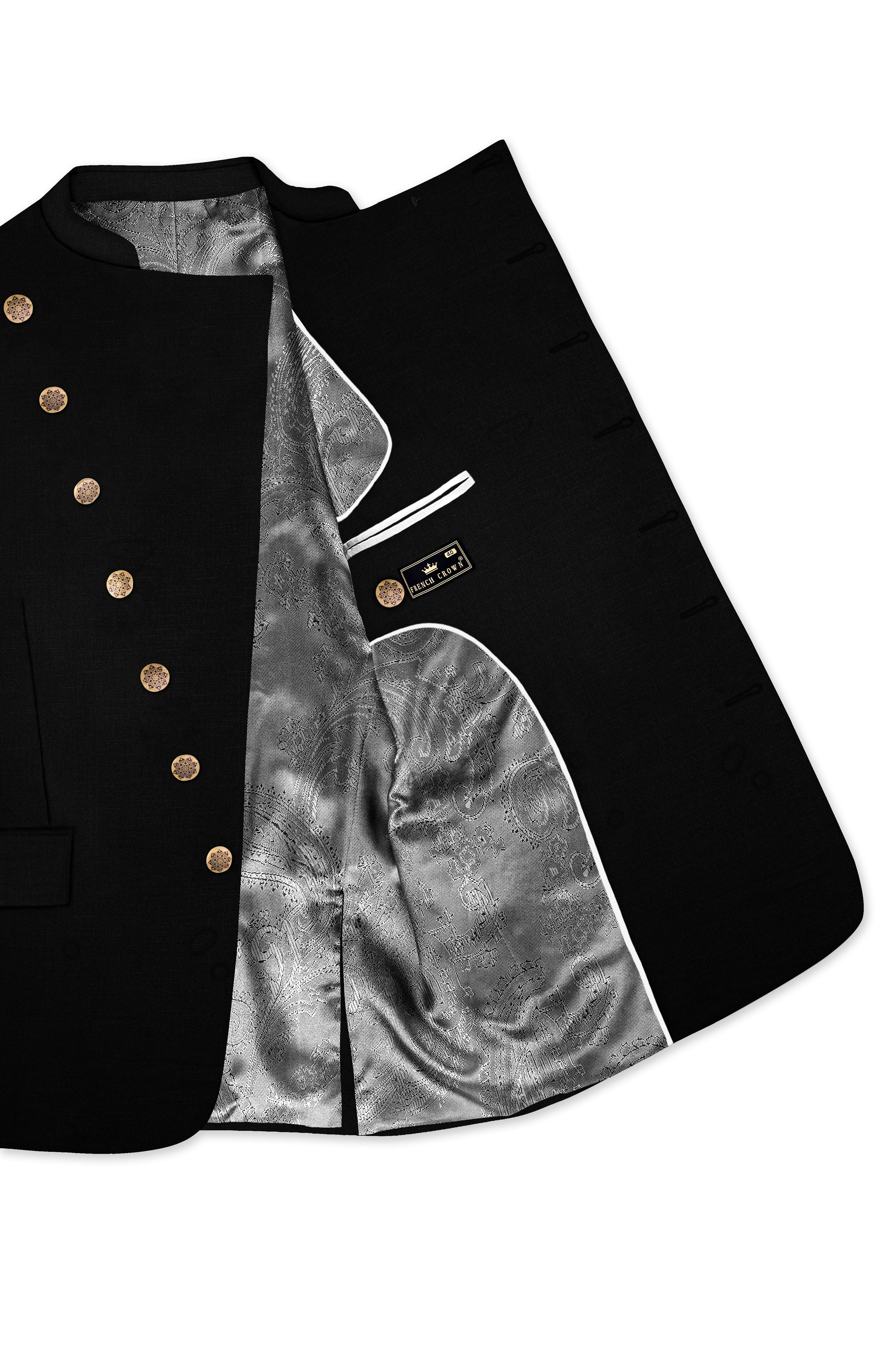 Jade Black Stretchable Subtle Sheen Cross Placket  Double Closure Bandhgala/Mandarin Suit