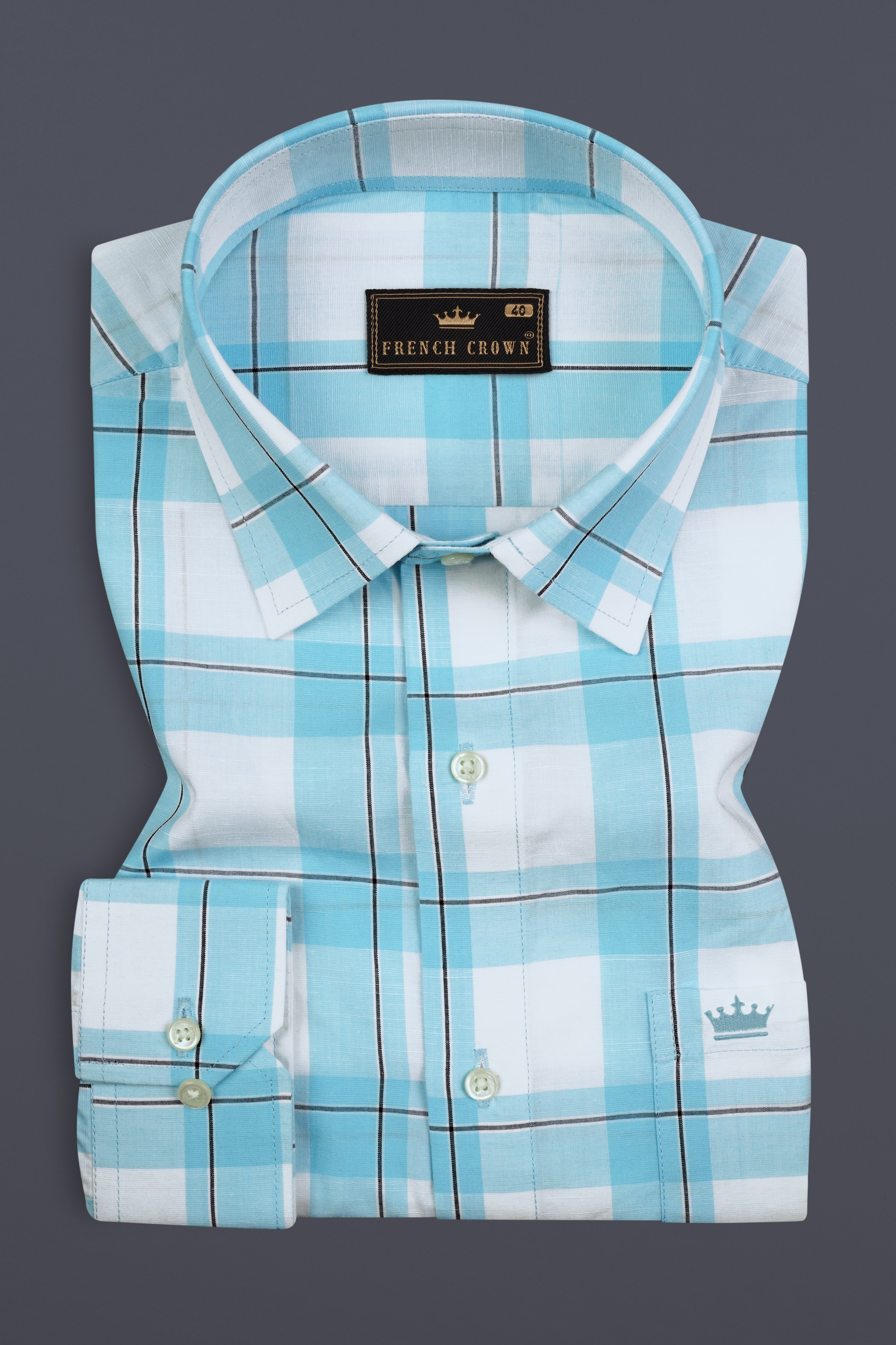 Bright White with Riptide Blue Windowpane Premium Cotton Shirt