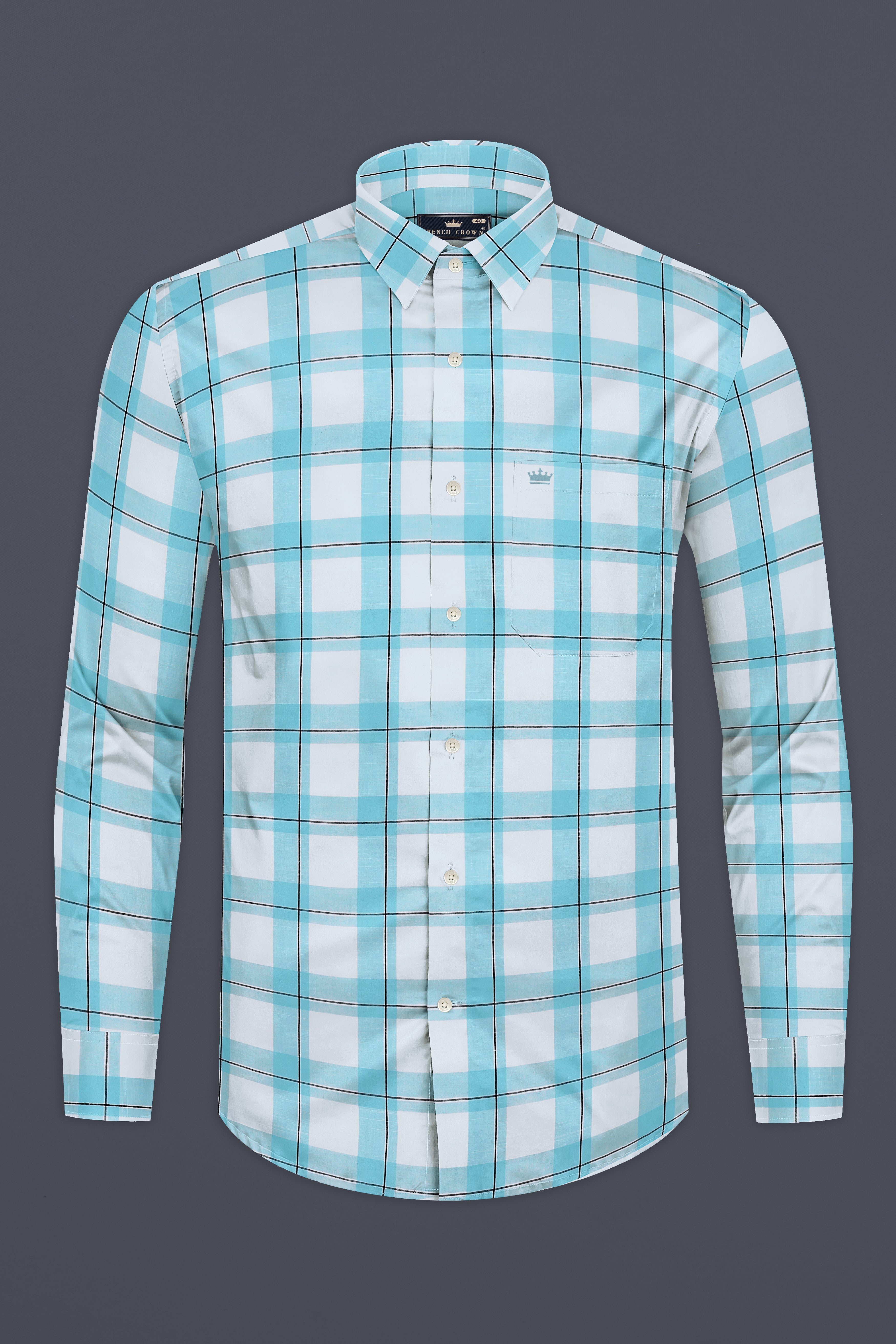 Bright White with Riptide Blue Windowpane Premium Cotton Shirt