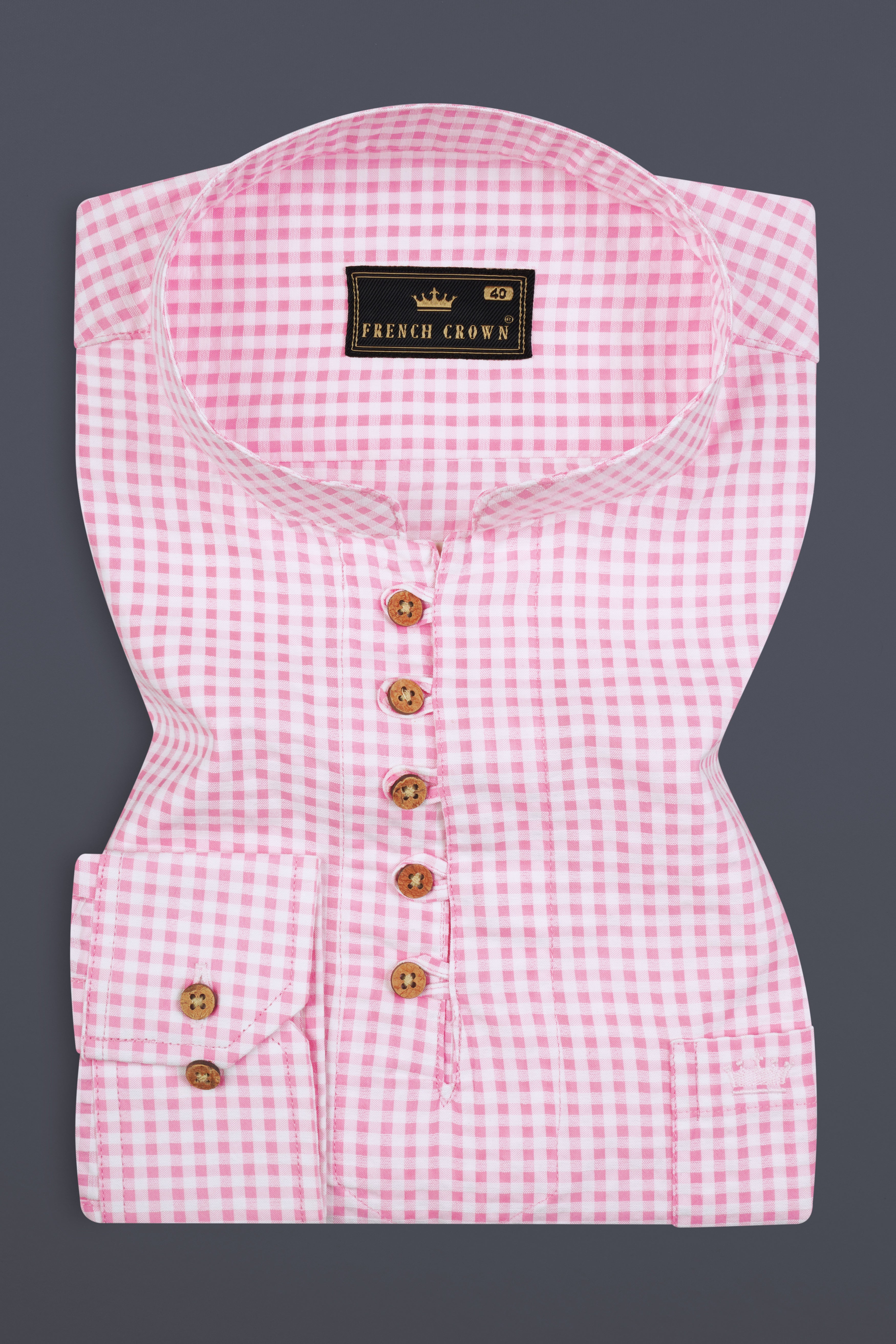 Carnation Pink Checked Seersucker Giza Cotton Kurta Shirt