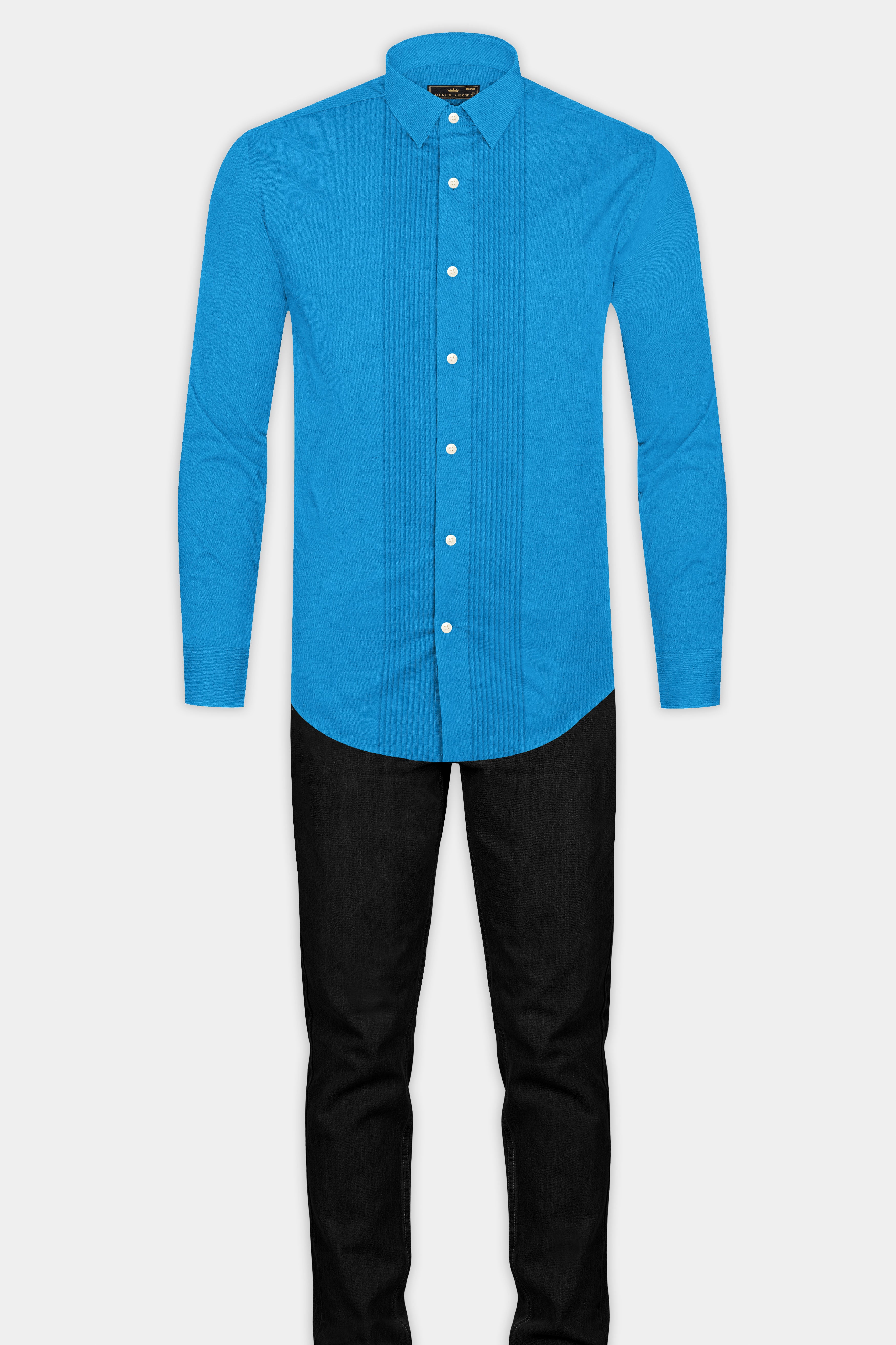 Cerulean Blue with Pin Tucks Luxurious Linen Tuxedo Shirt