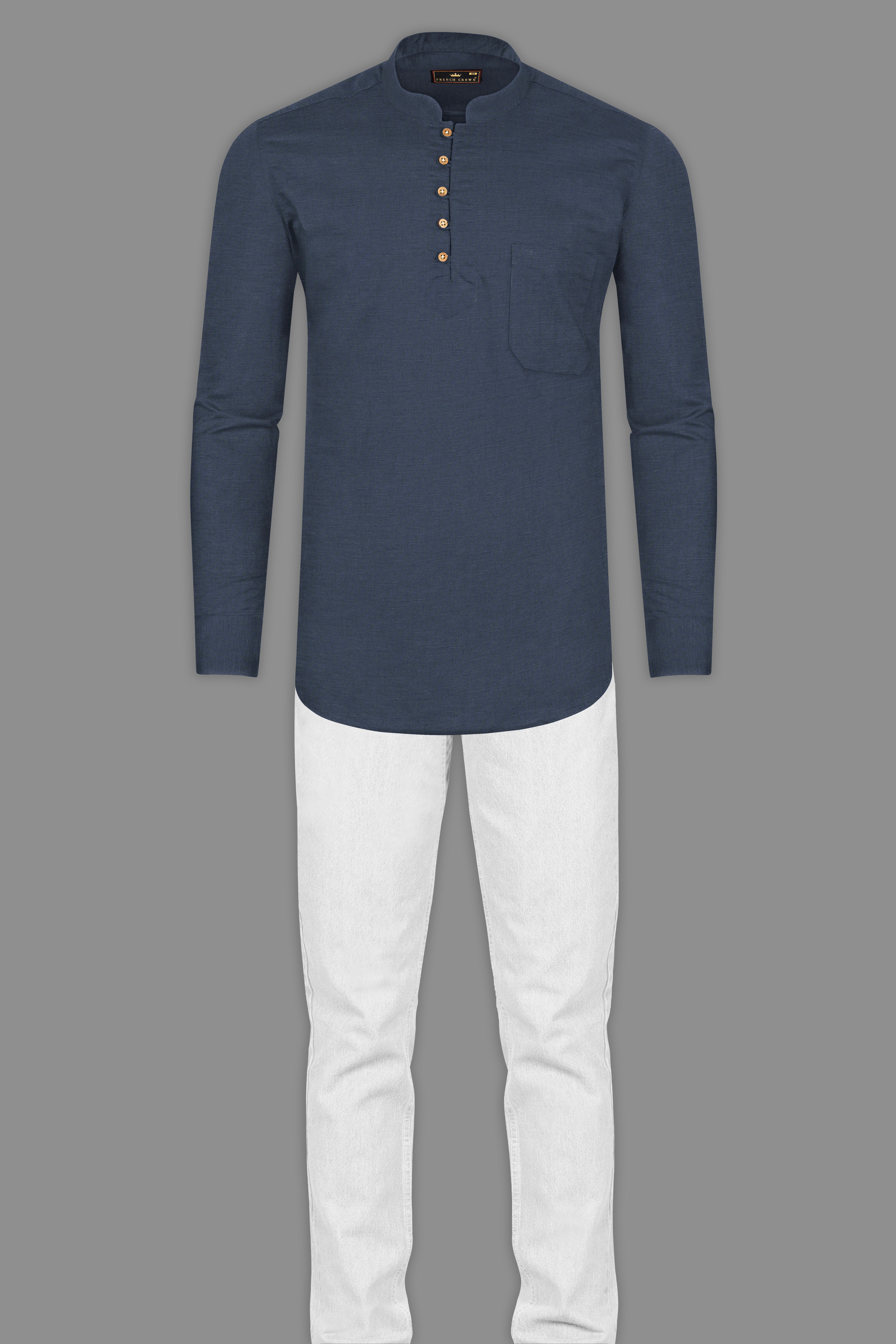 Limed Spruce Blue Luxurious Linen Kurta Shirt