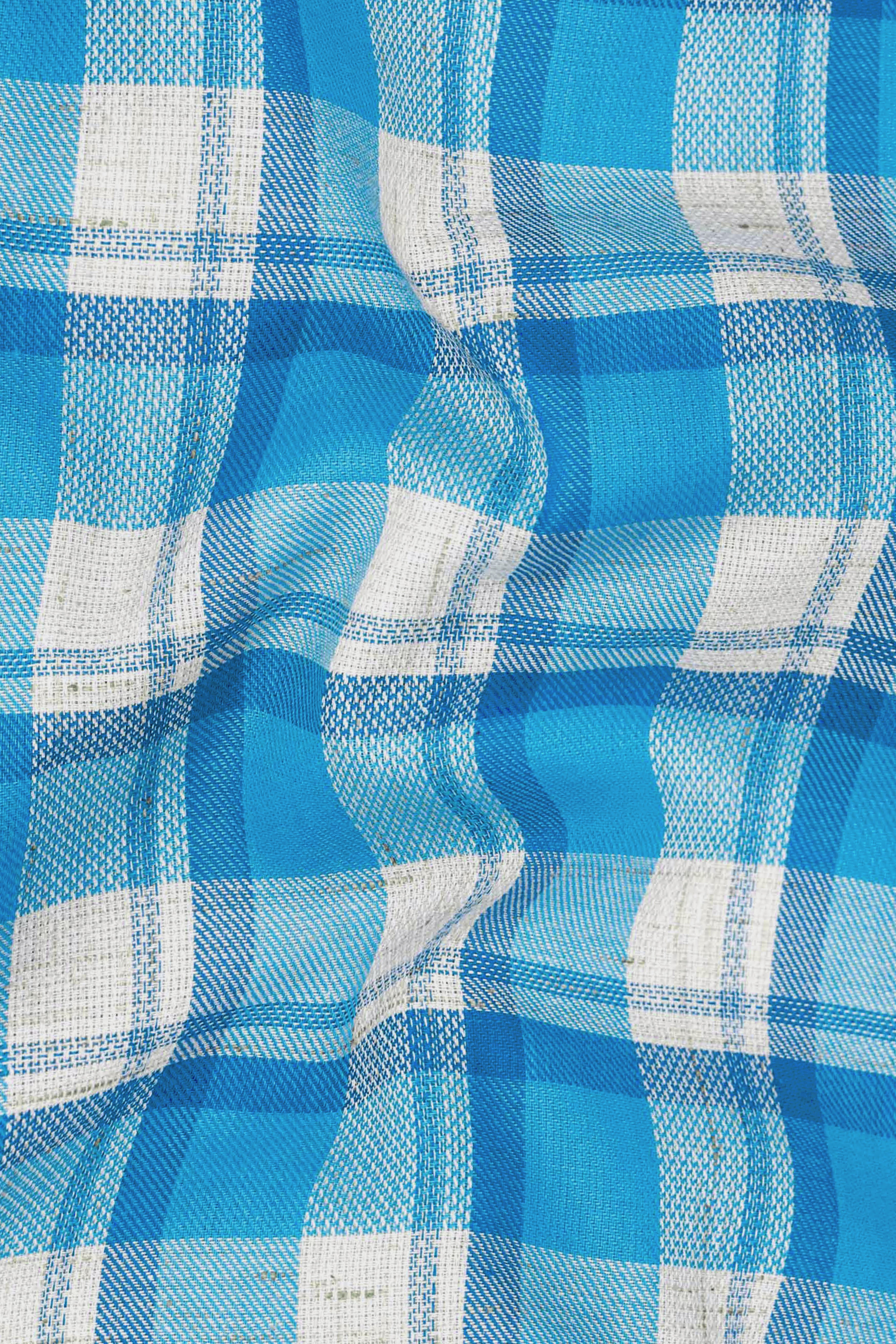 Cerulean Blue and Bright White Plaid Twill Premium Cotton Kurta Shirt