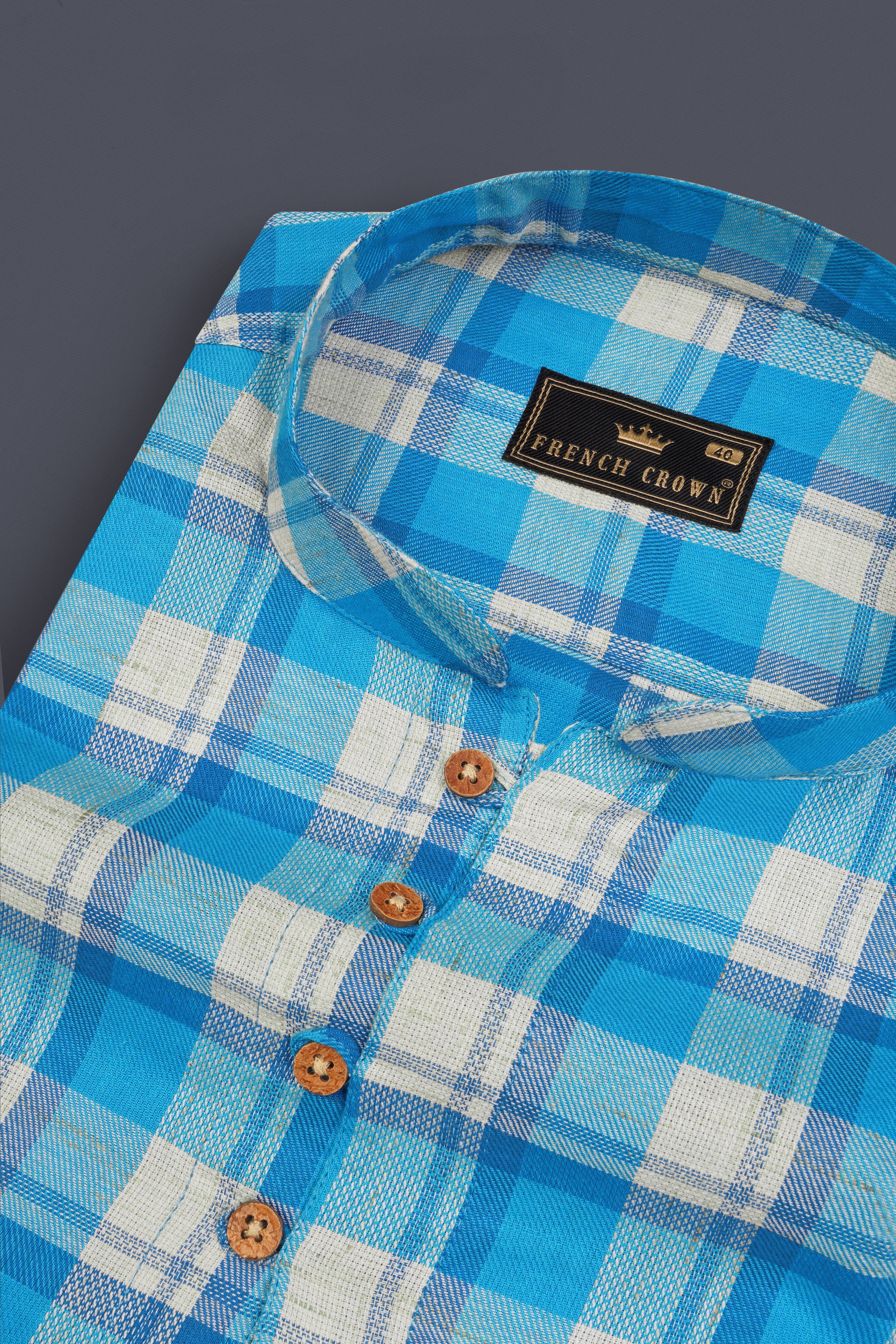 Cerulean Blue and Bright White Plaid Twill Premium Cotton Kurta Shirt