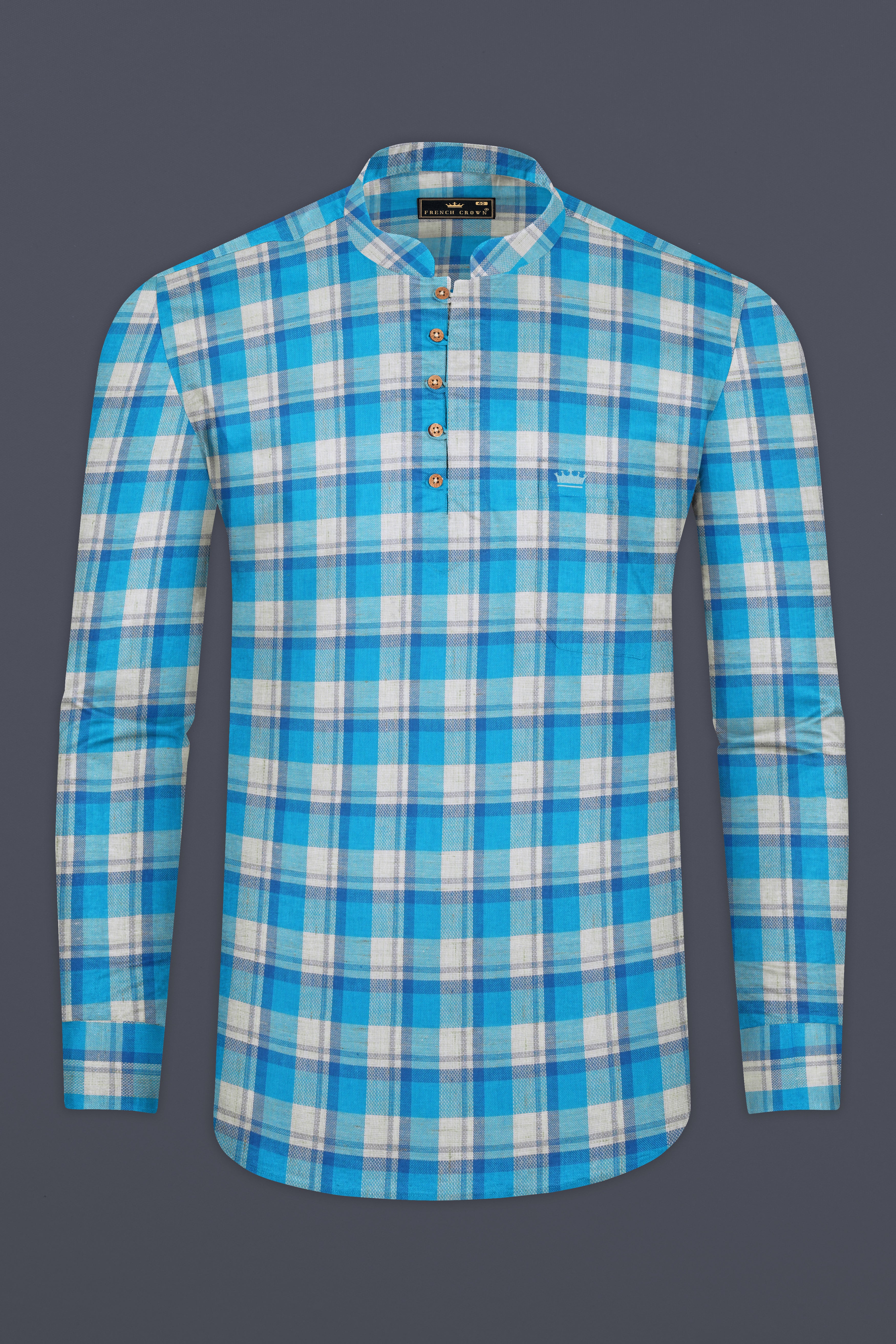 Cerulean Blue and Bright White Plaid Twill Premium Cotton Kurta Shirt