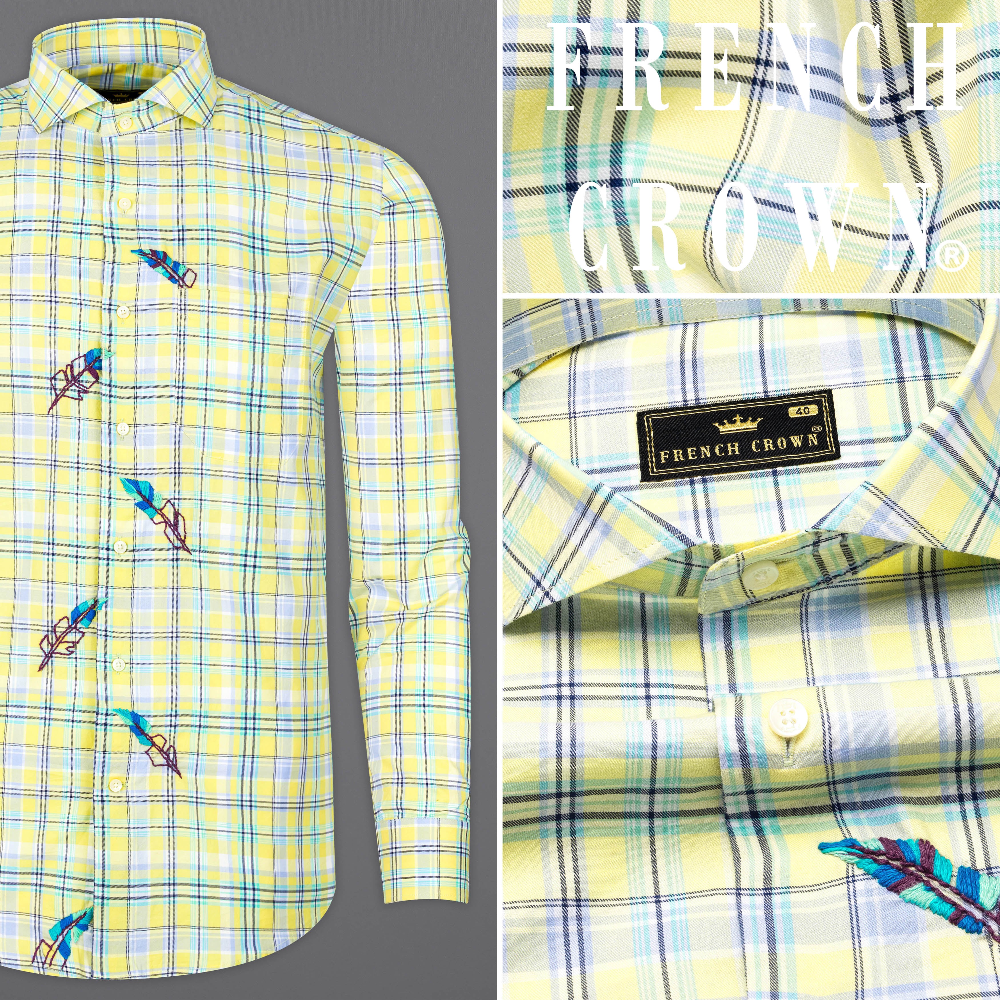 Manilla Yellow Checked with Leaves Embroidered Twill Premium Cotton Designer Shirt
