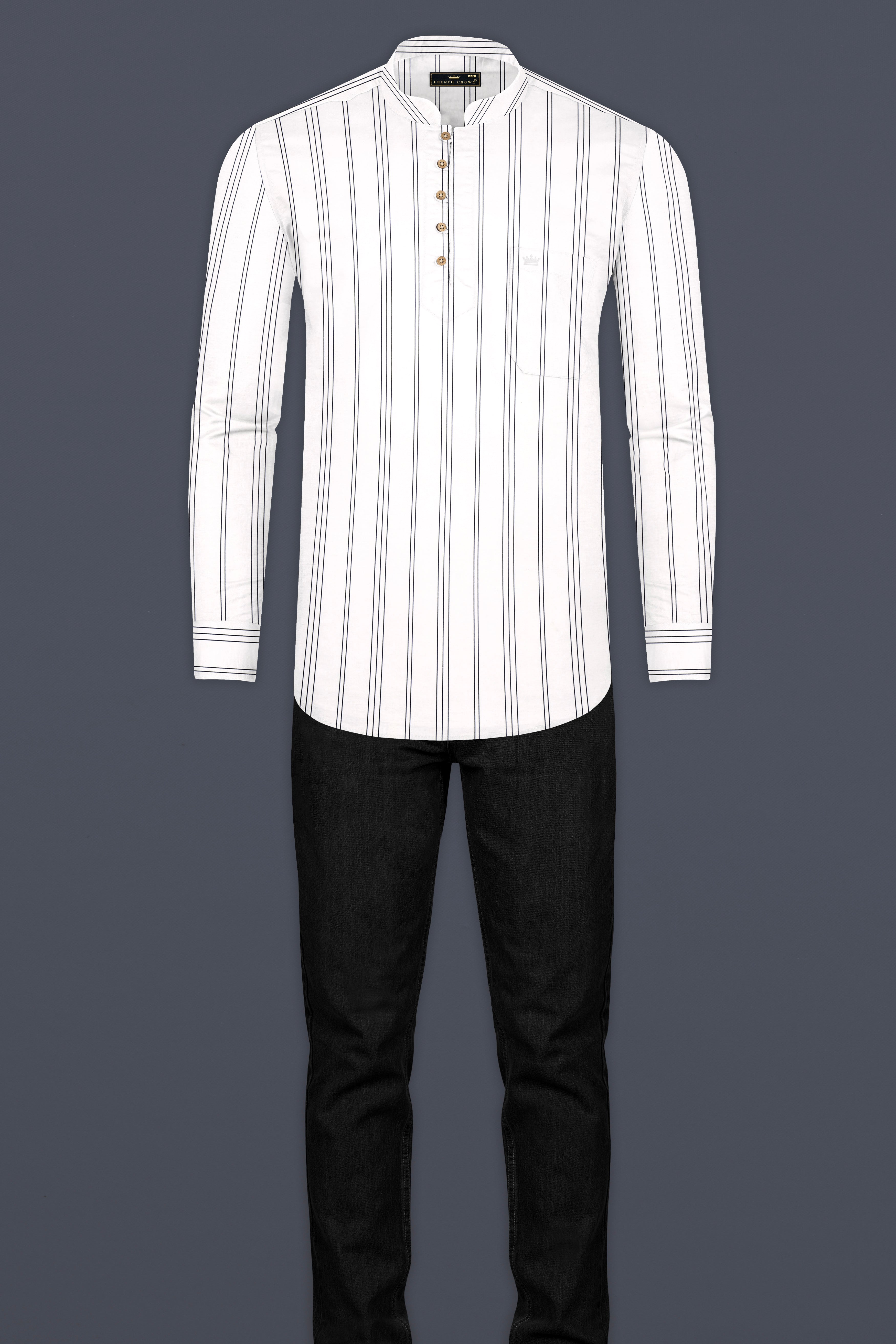 Bright White Pinstriped Twill Premium Cotton Kurta Shirt