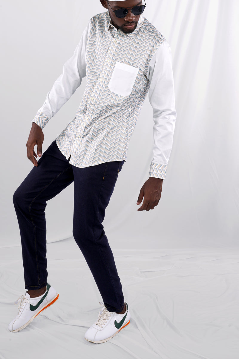 Mischka Gray and Mandys Brown Printed with Bright White Sleeves Super Soft Premium Cotton Designer Shirt