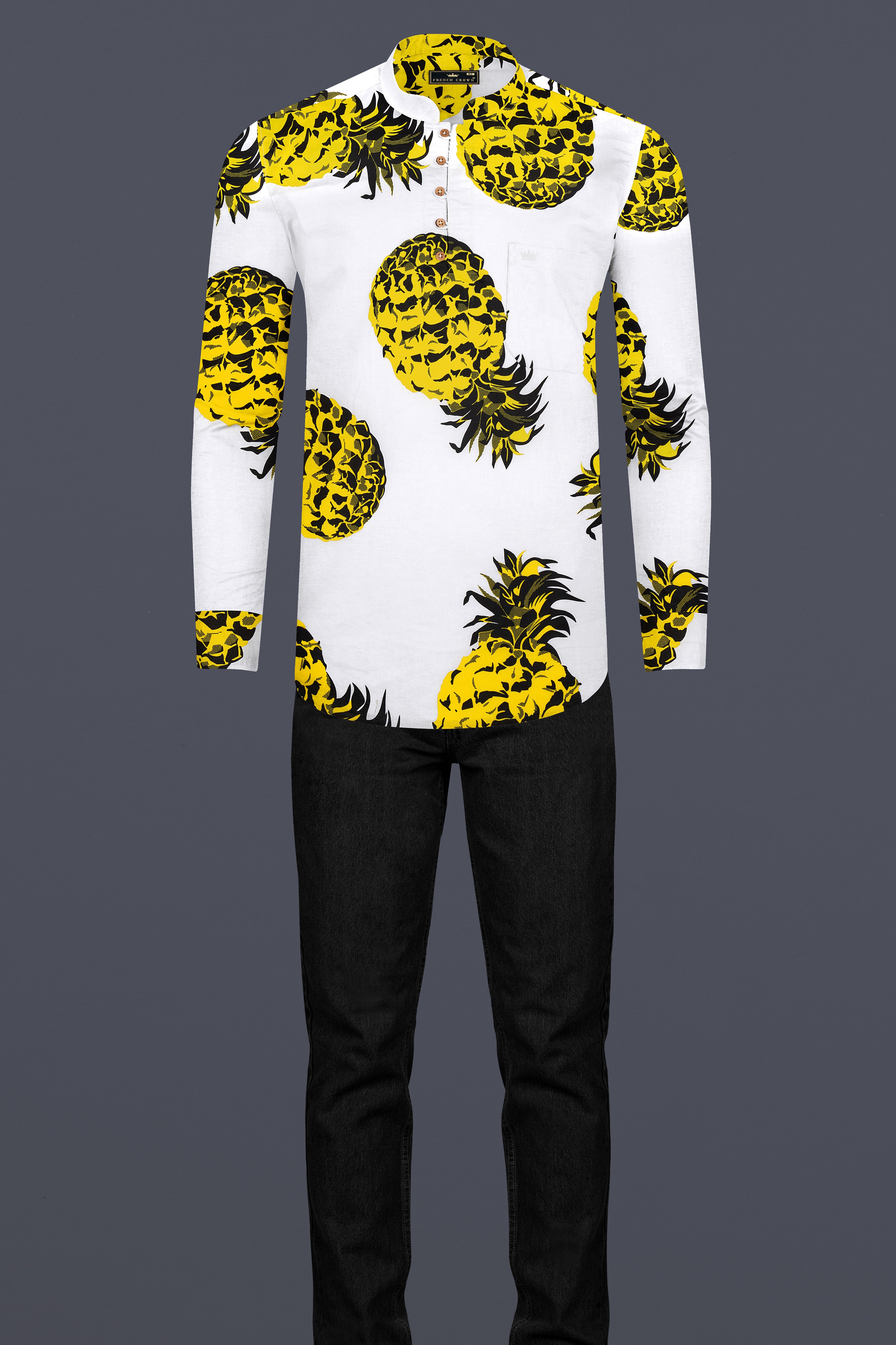 Bright White Premium Cotton Kurta Shirt with Pineapple Prints