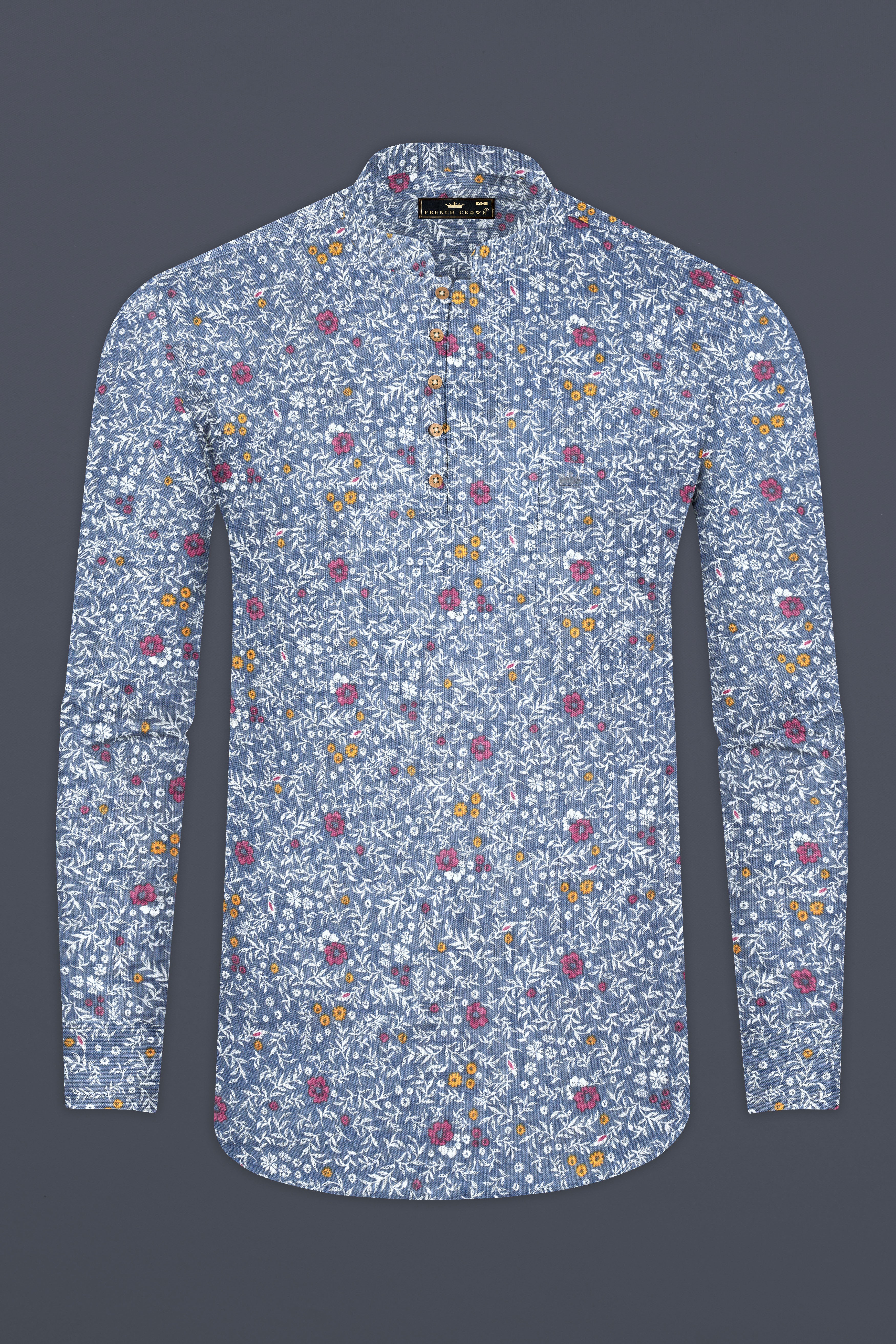 Faded Blue Floral Printed Luxurious Linen Kurta Shirt