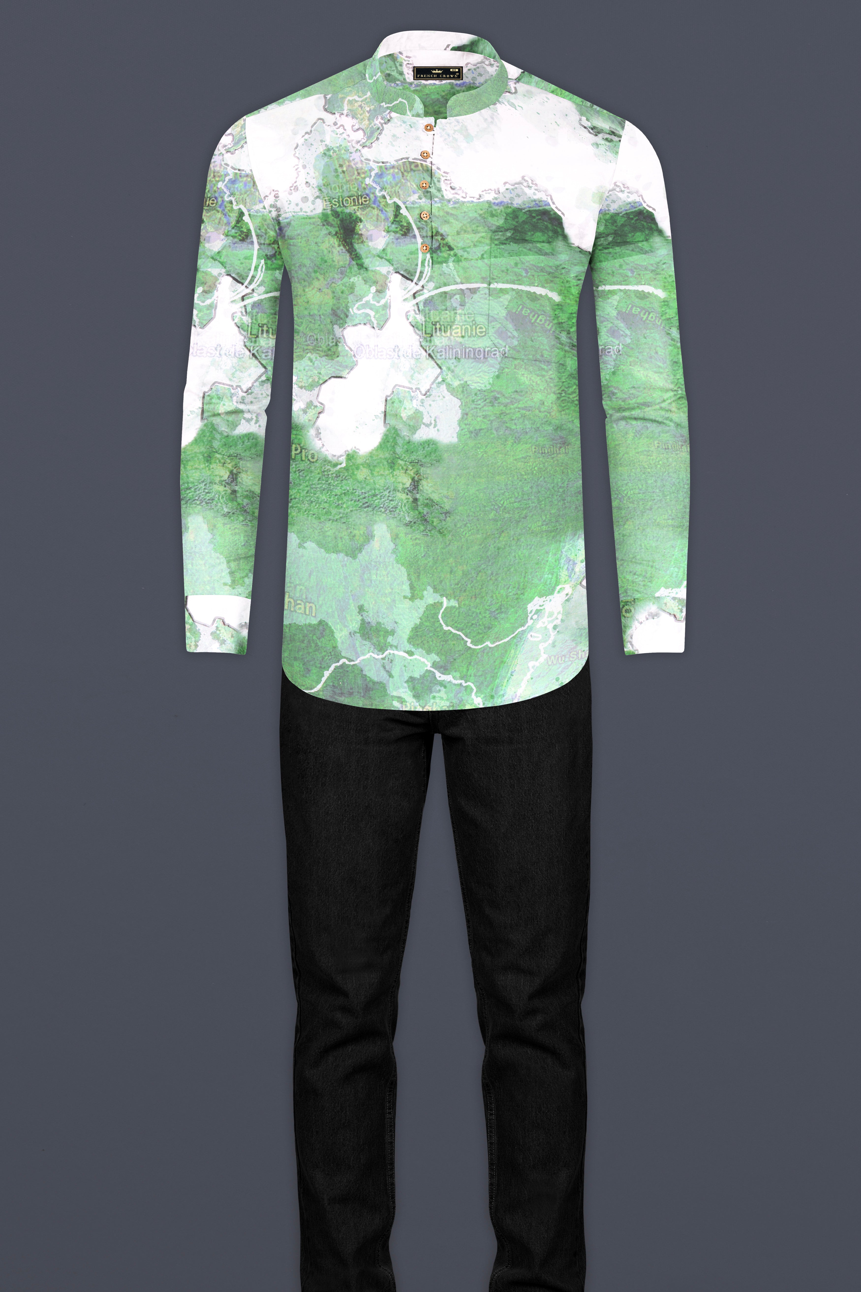 Spring Leaves and Bright White Map Printed Designed Premium Cotton Kurta Shirt