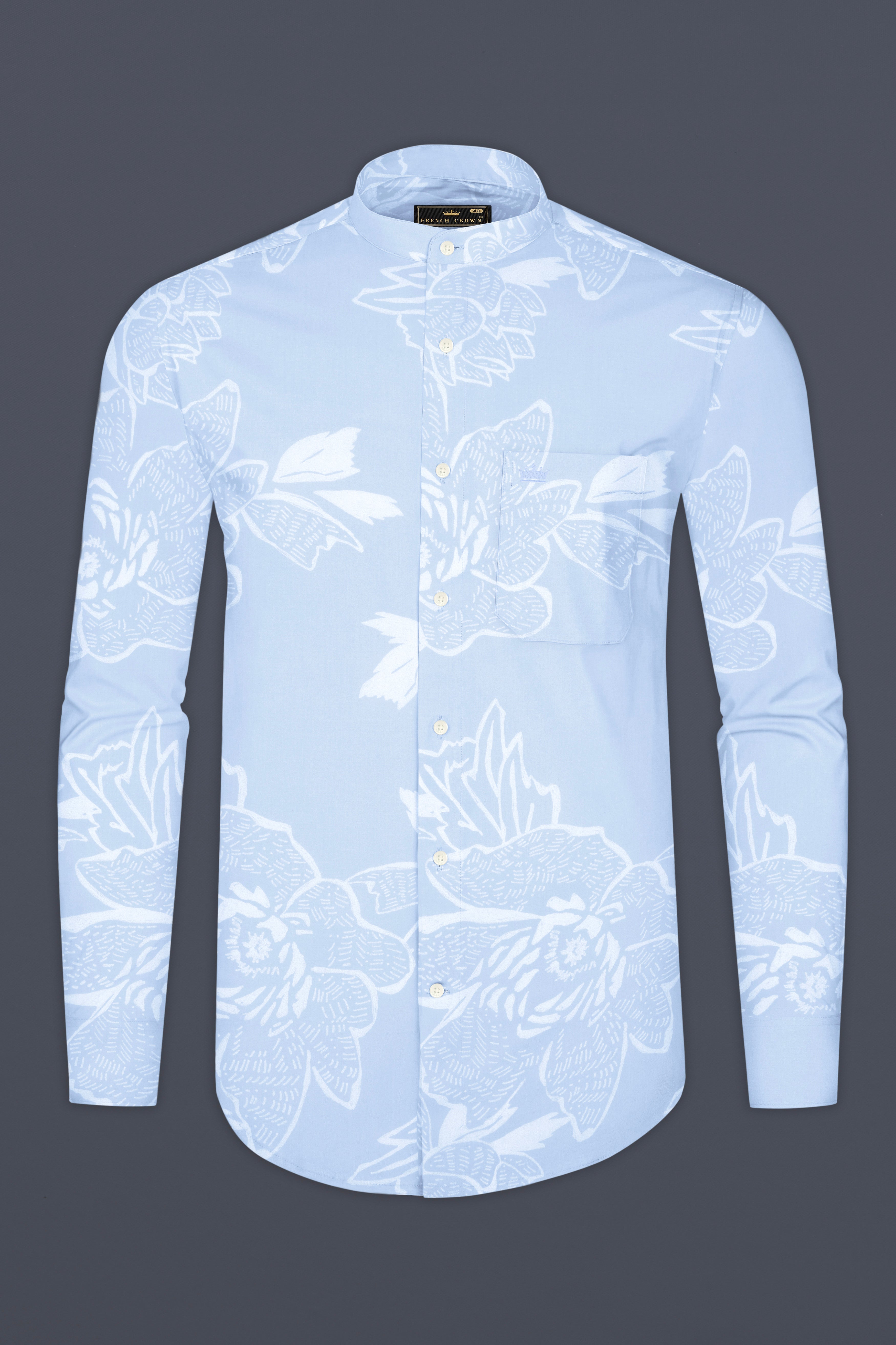 Cloudy Blue Hibiscus Flowers Printed Premium Cotton Shirt