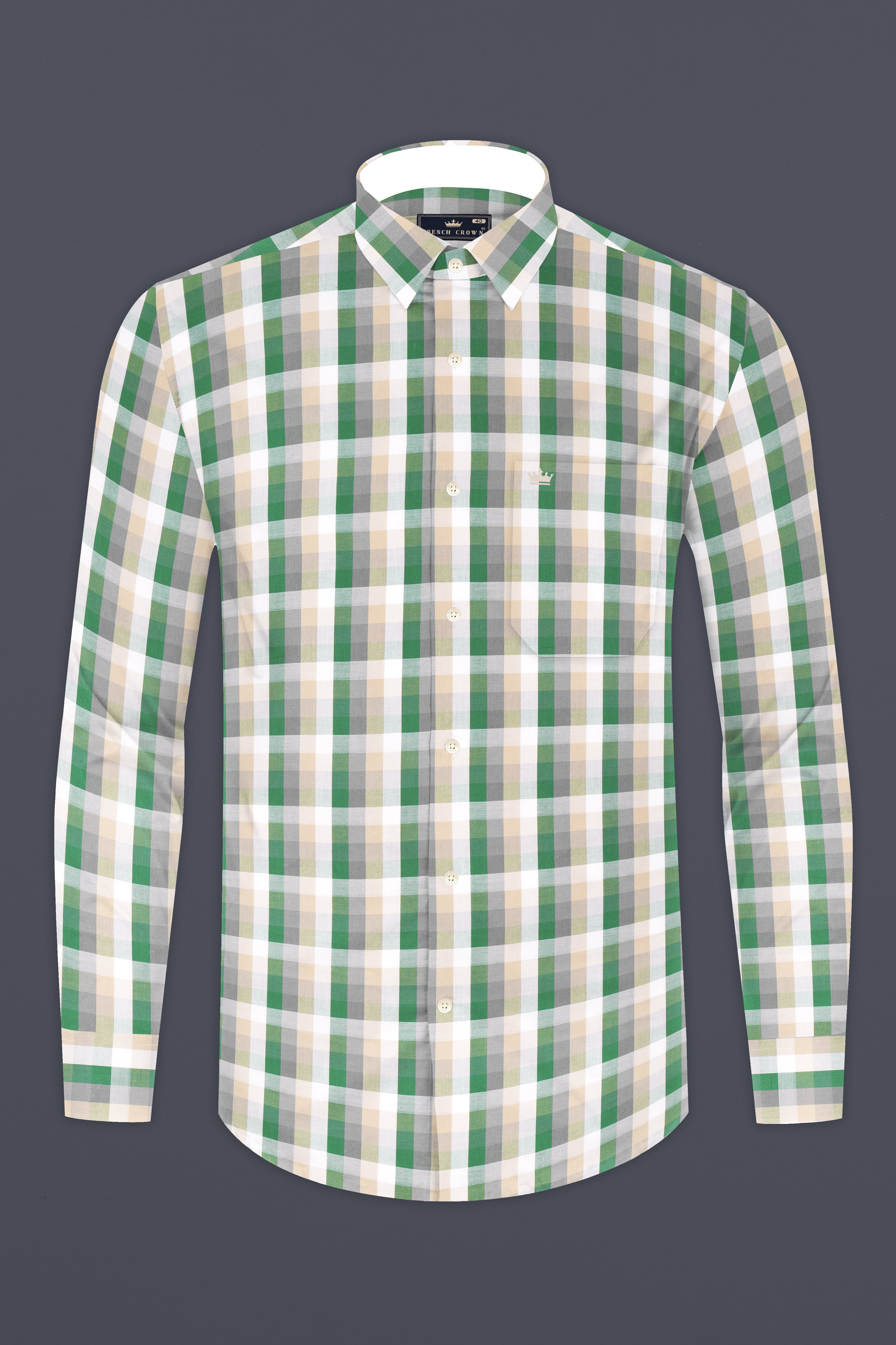 Janna Beige and Greenish Plaid Twill Textured Premium Cotton Shirt