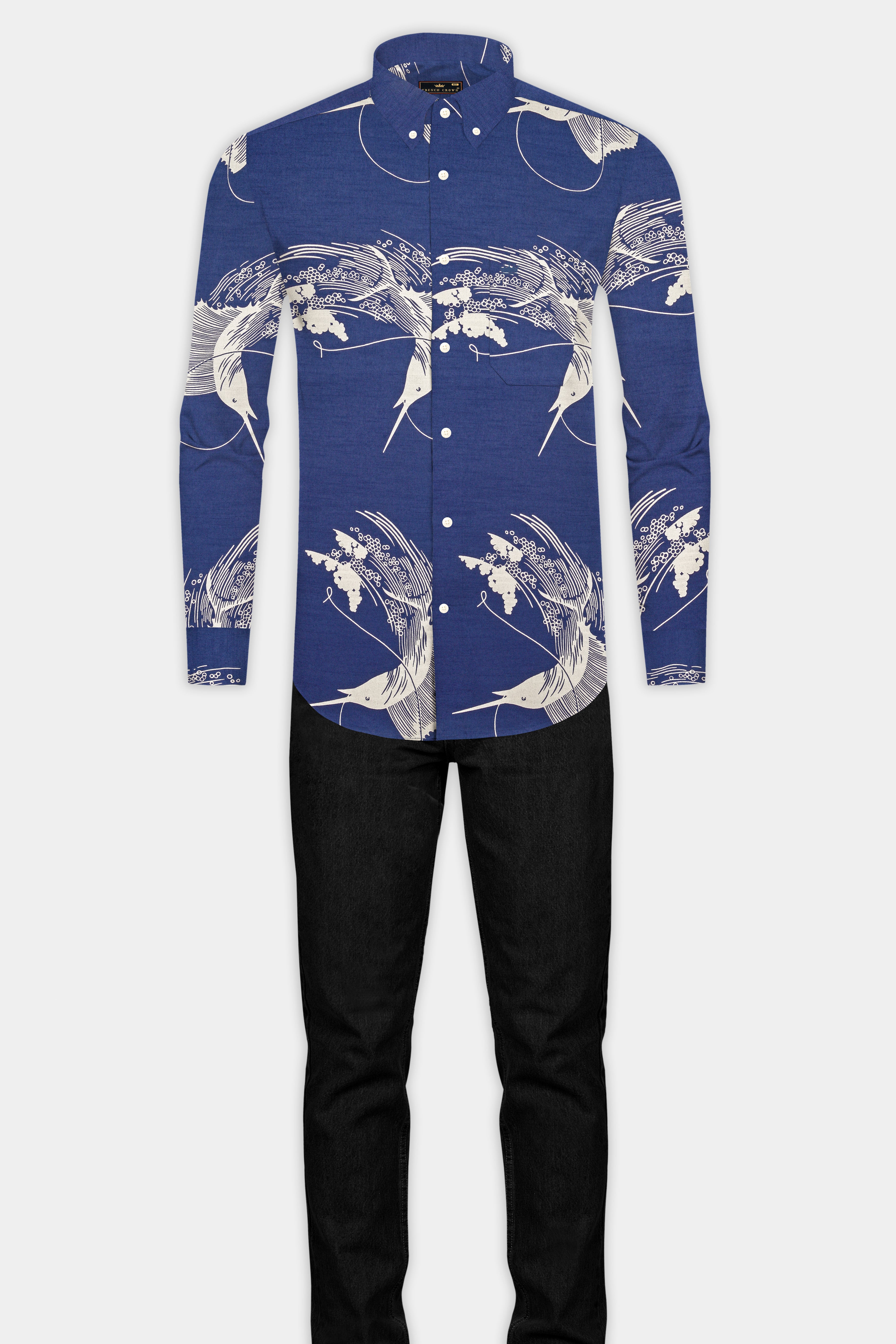 Rhino Blue Dolphin Printed Royal Oxford Shirt