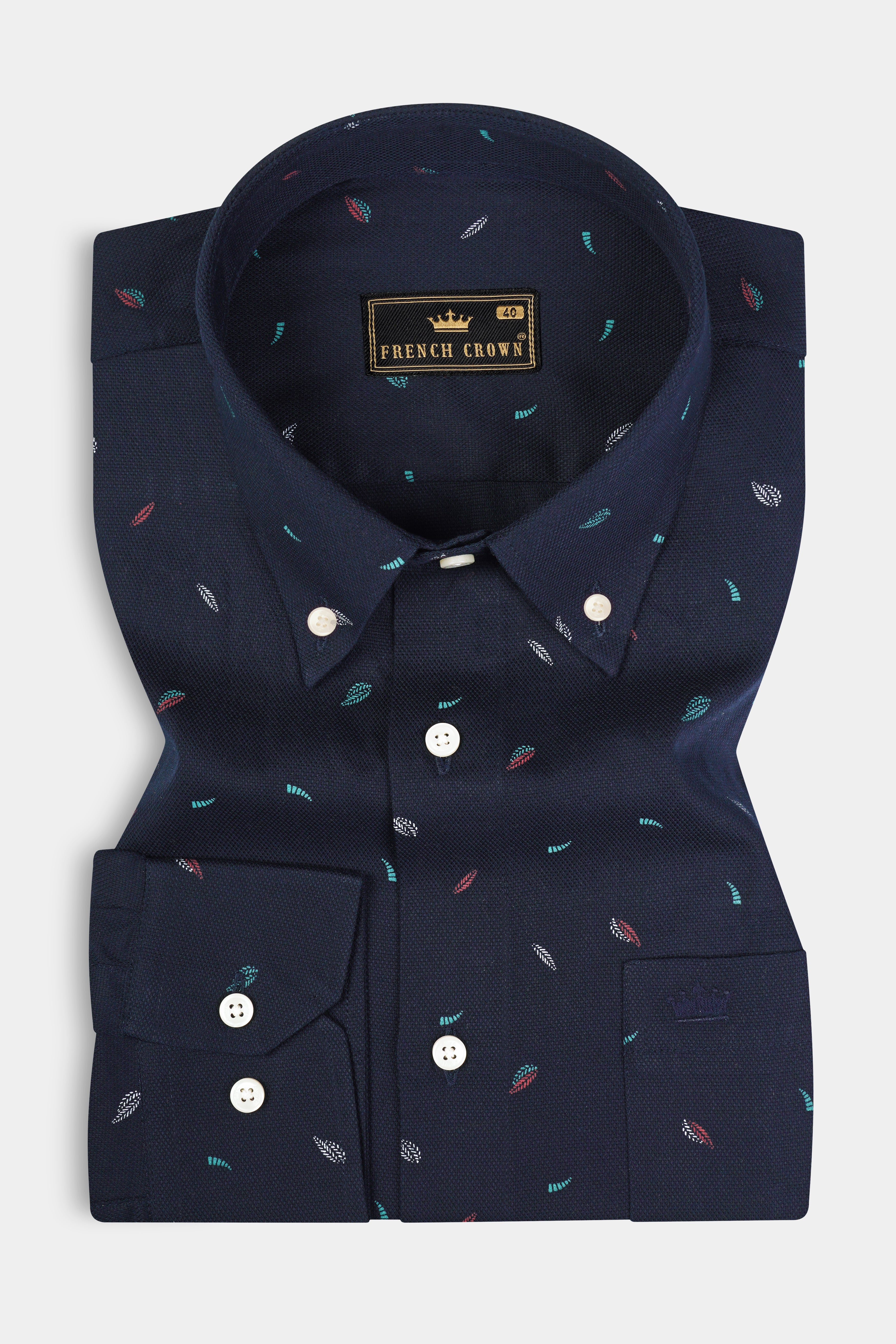 Ebony Blue Leaves Dobby Textured Premium Giza Cotton Shirt