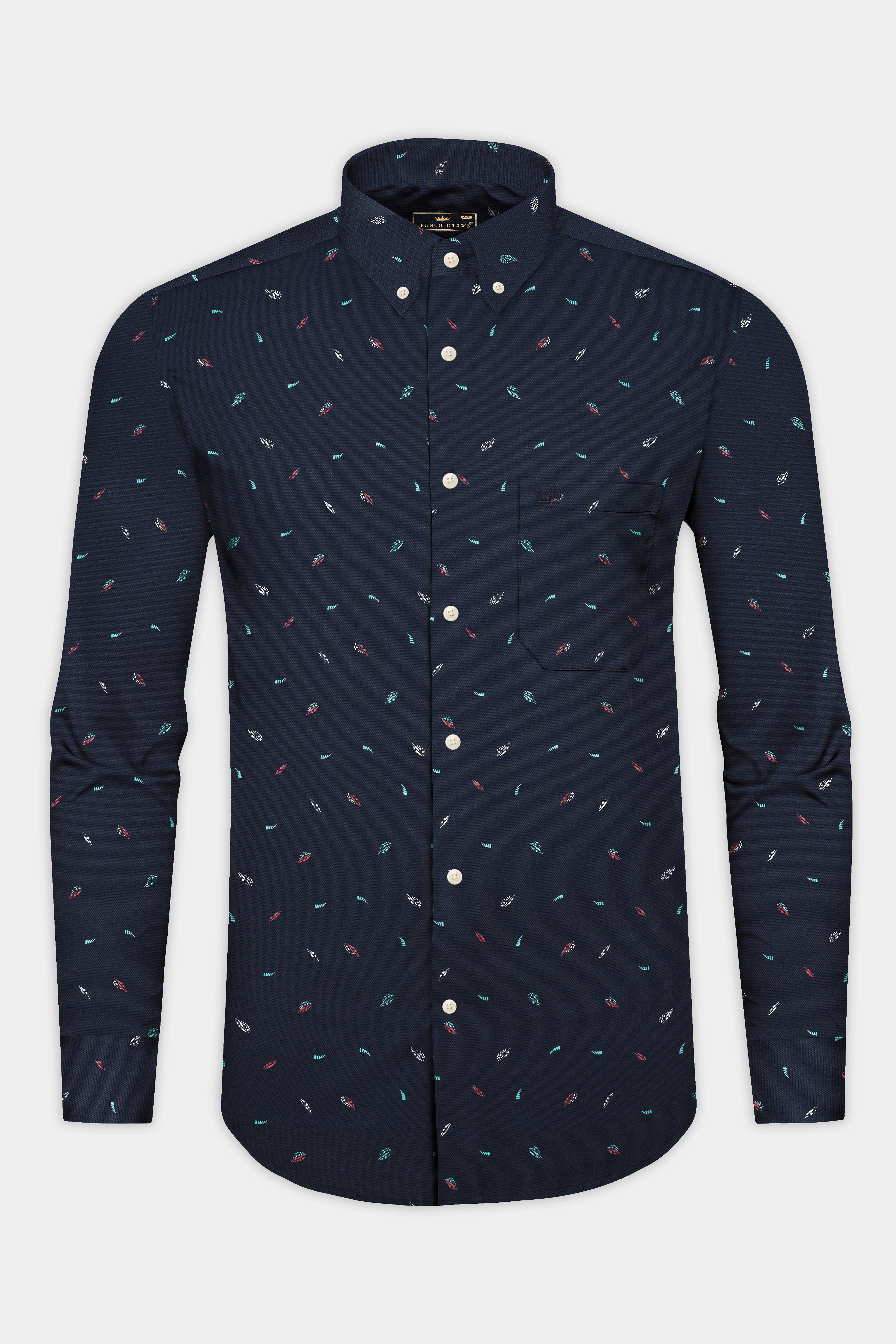 Ebony Blue Leaves Dobby Textured Premium Giza Cotton Shirt