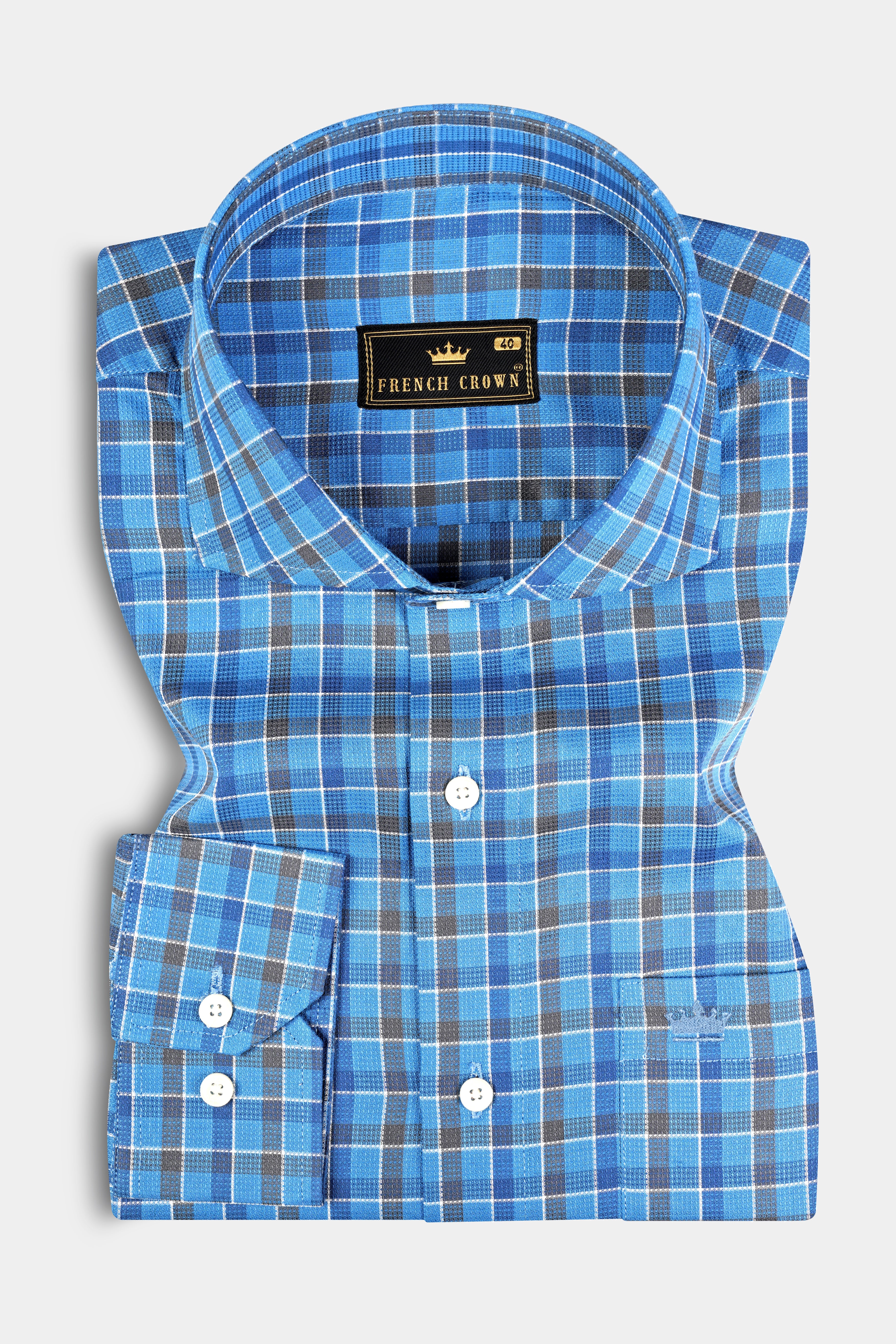 Malibu and St Tropaz Blue Plaid Dobby Textured Premium Giza Cotton Shirt