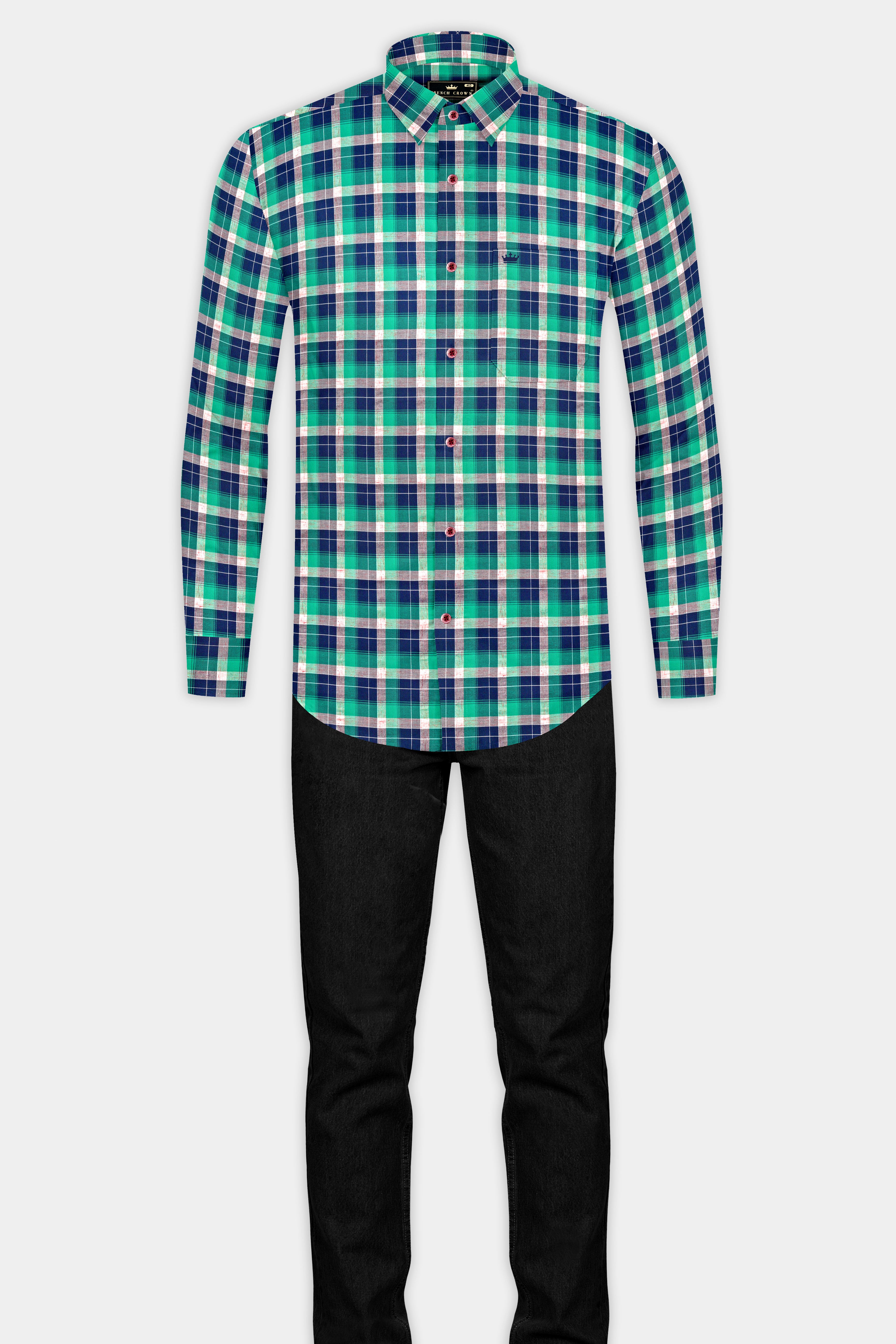 Chambray Blue and Topaz Green Plaid Royal Oxford Shirt