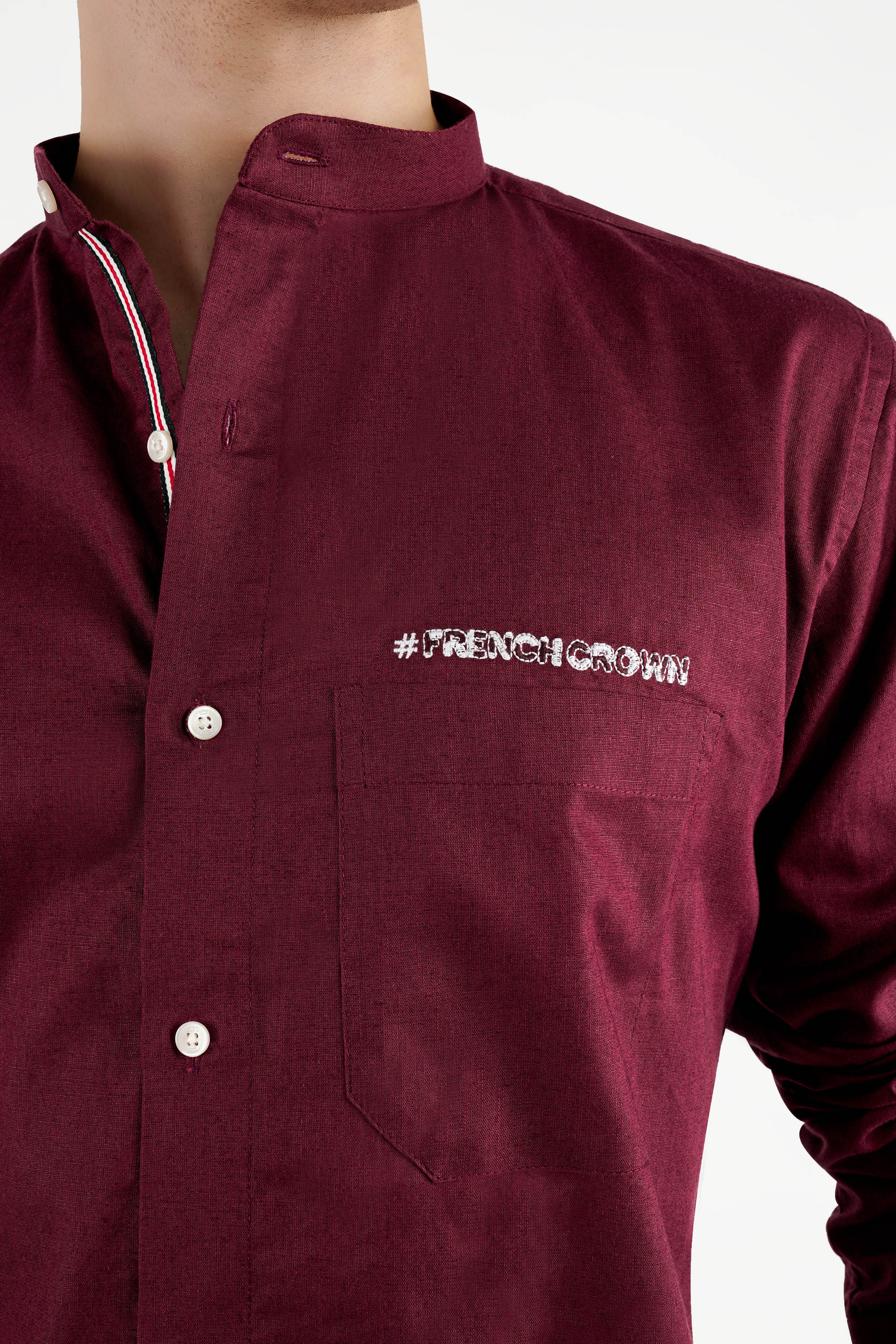 Cocoa Bean Maroon with French Crown Signature Embroidered Luxurious Linen Designer Shirt