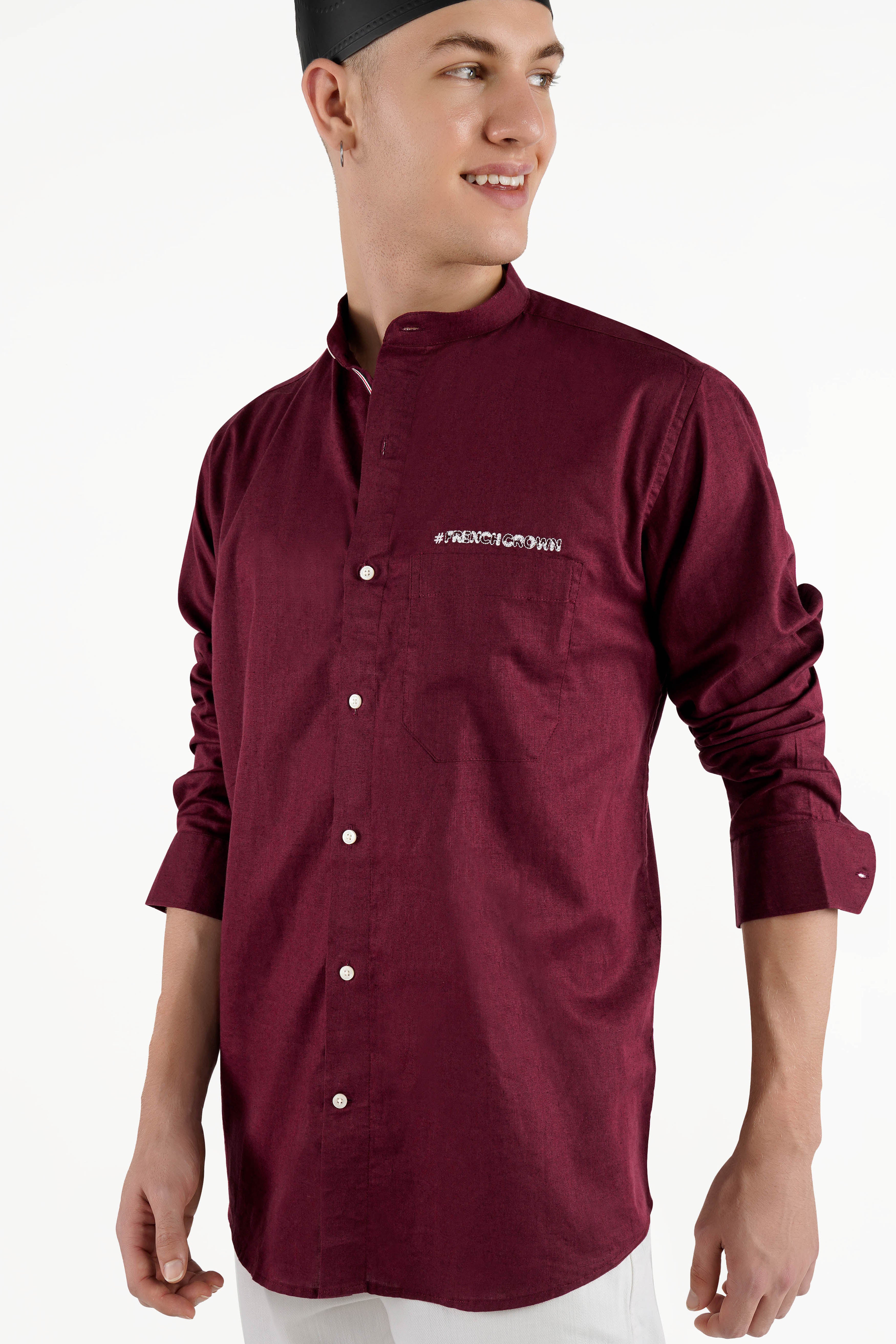 Cocoa Bean Maroon with French Crown Signature Embroidered Luxurious Linen Designer Shirt