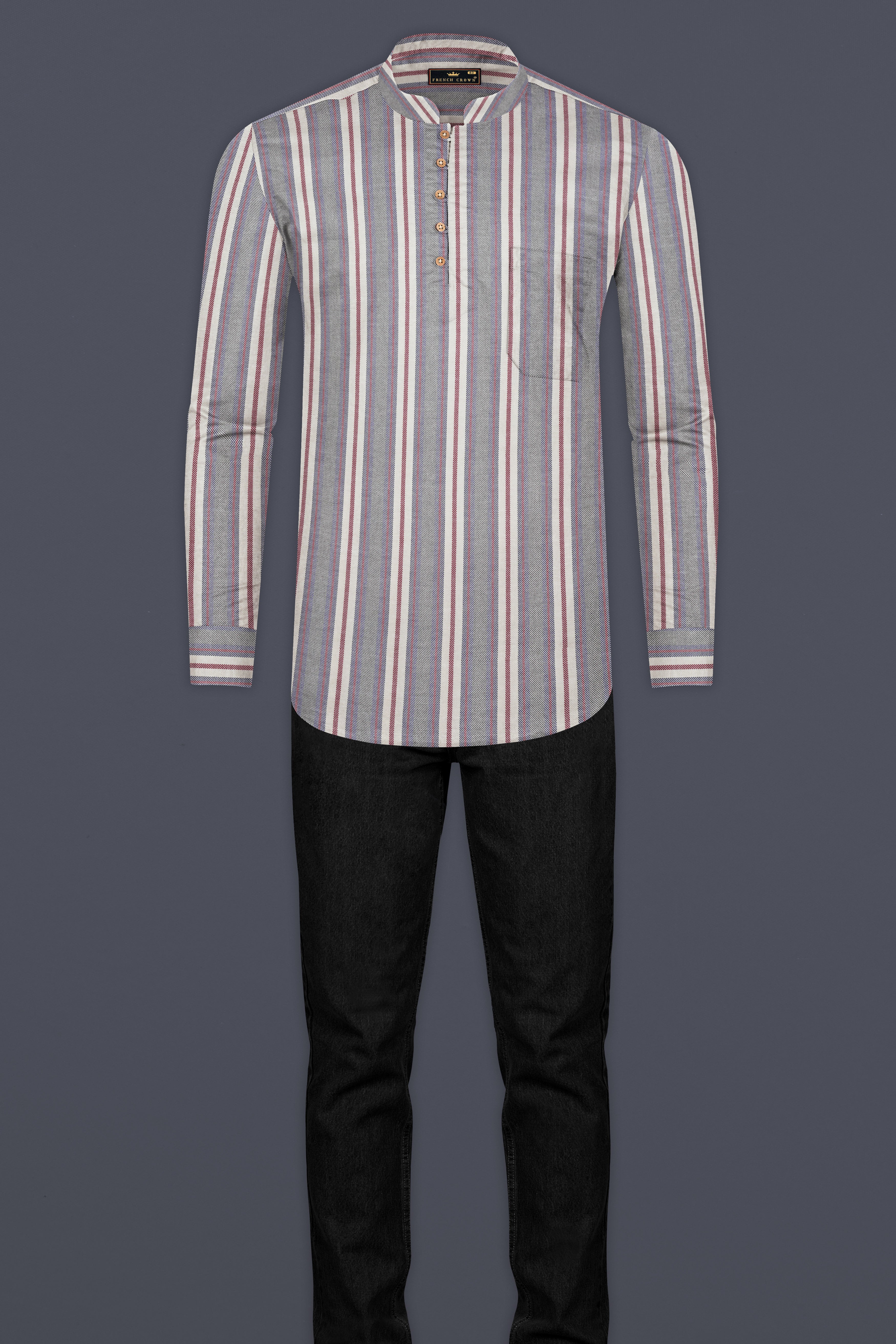 Boulder Gray Striped Diagonal Twill Textured Premium Cotton Kurta Shirt