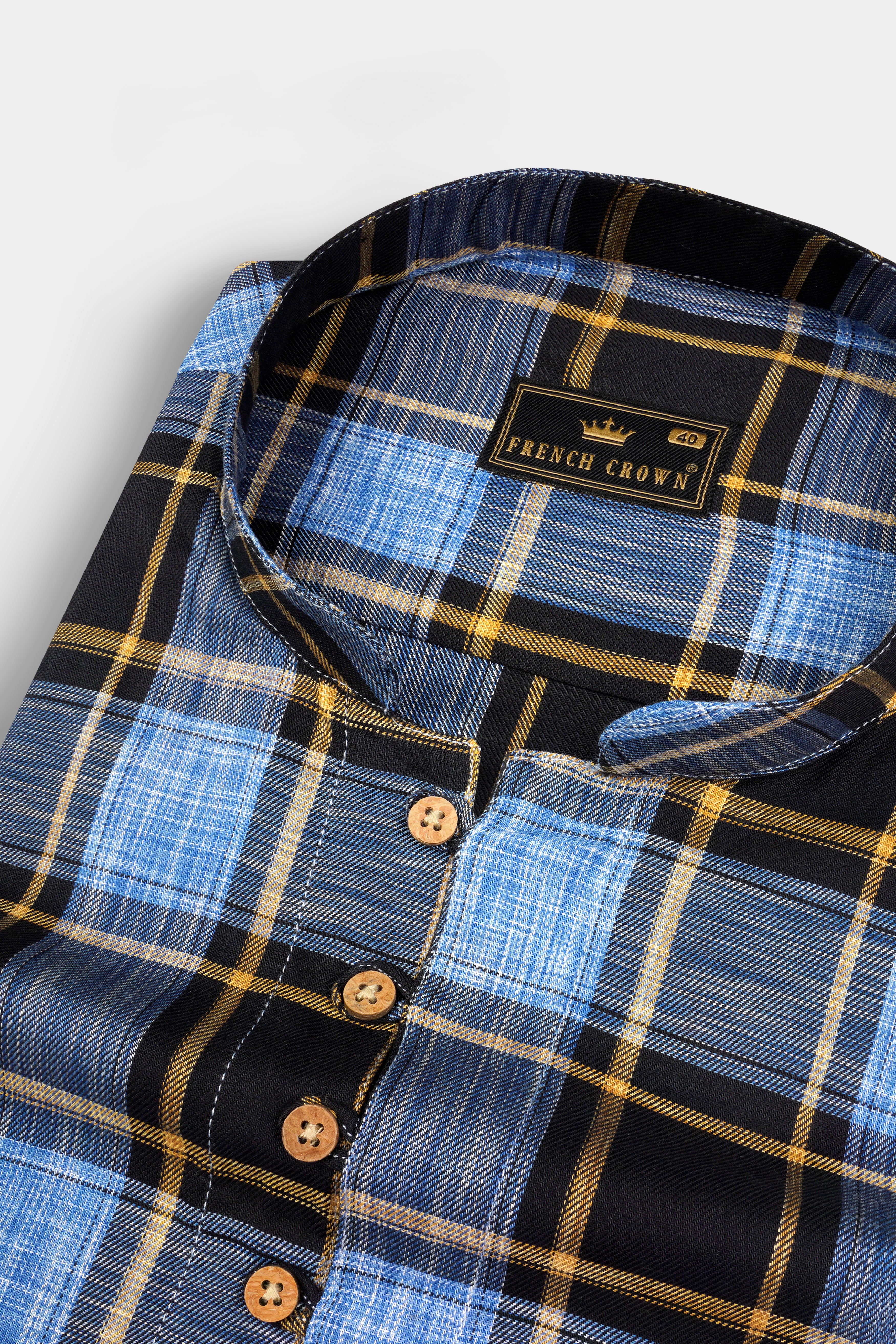 Portage Blue and Jade Black Twill Plaid Premium Cotton Kurta Shirt