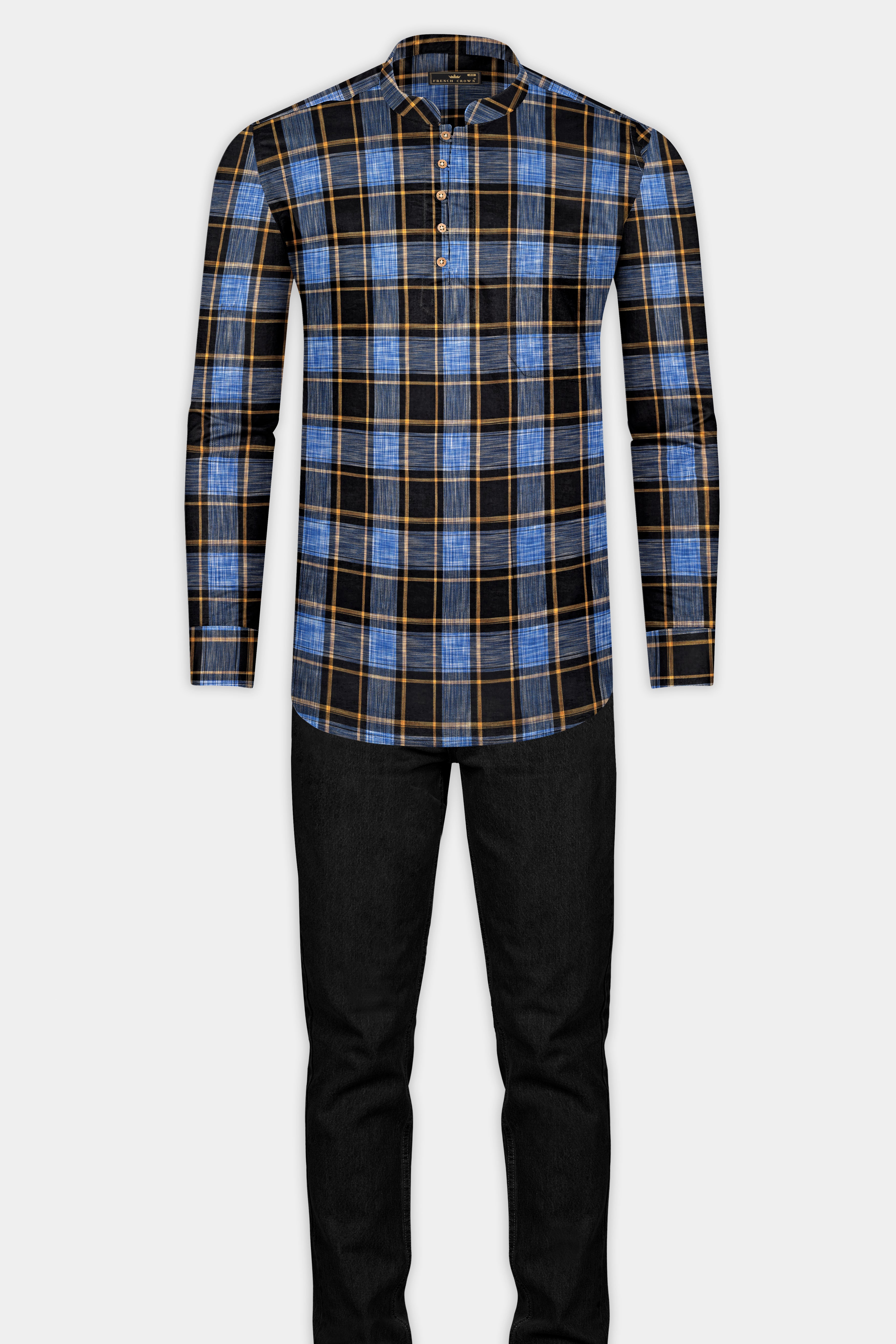 Portage Blue and Jade Black Twill Plaid Premium Cotton Kurta Shirt