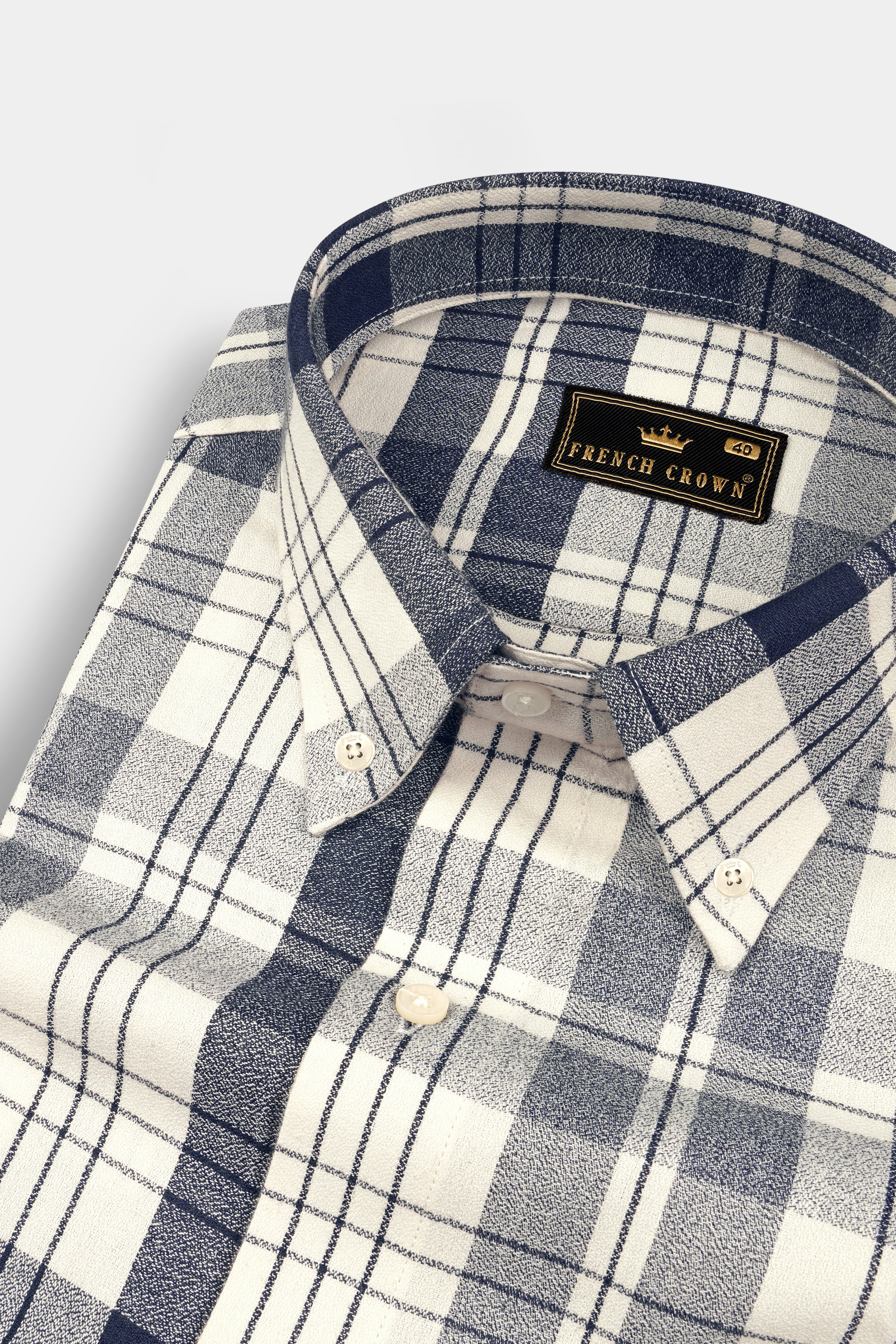 Off White and Haiti Blue Twill Plaid Premium Cotton Shirt