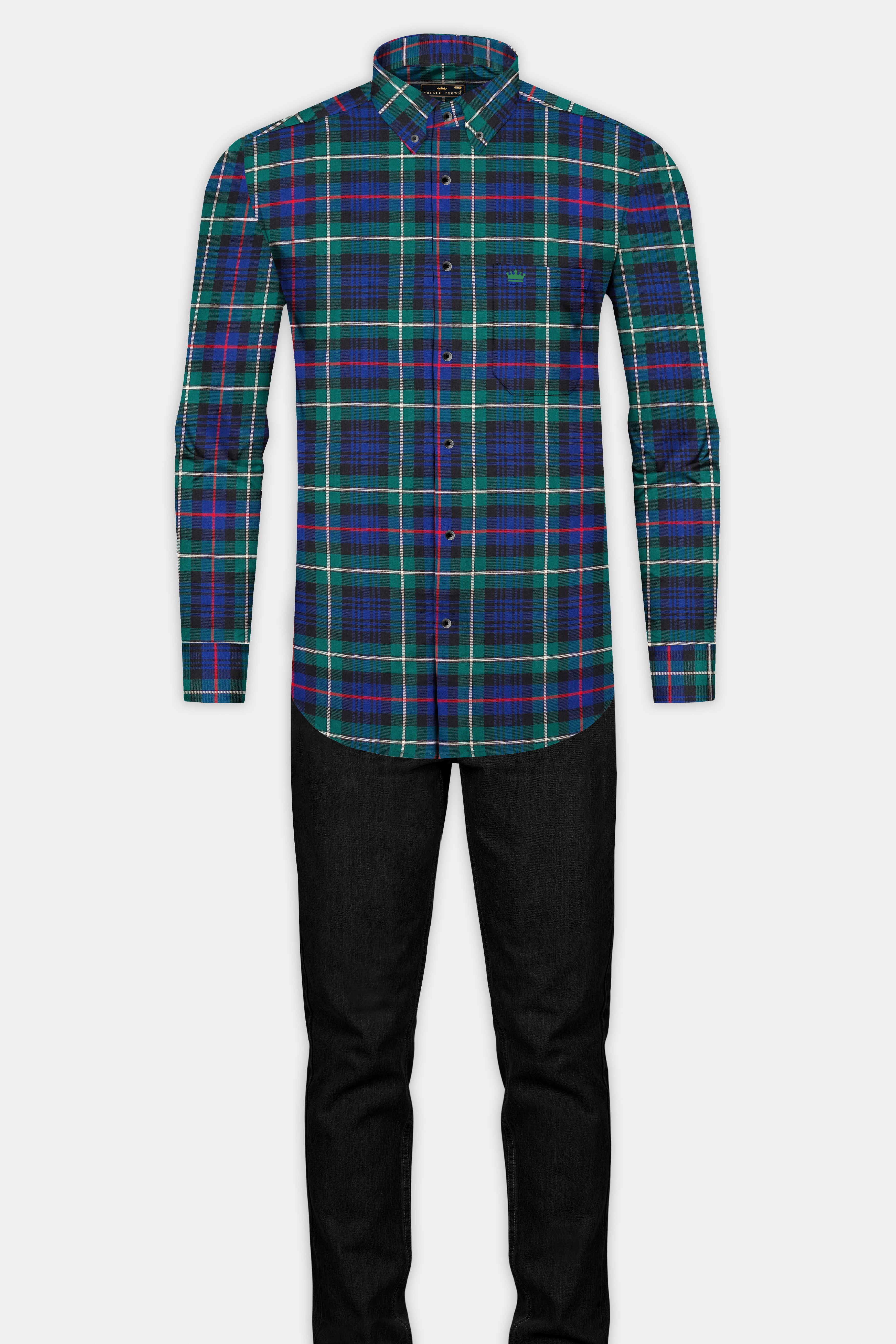 Eucalyptus Green with Chambray Blue Twill Plaid Premium Cotton Shirt