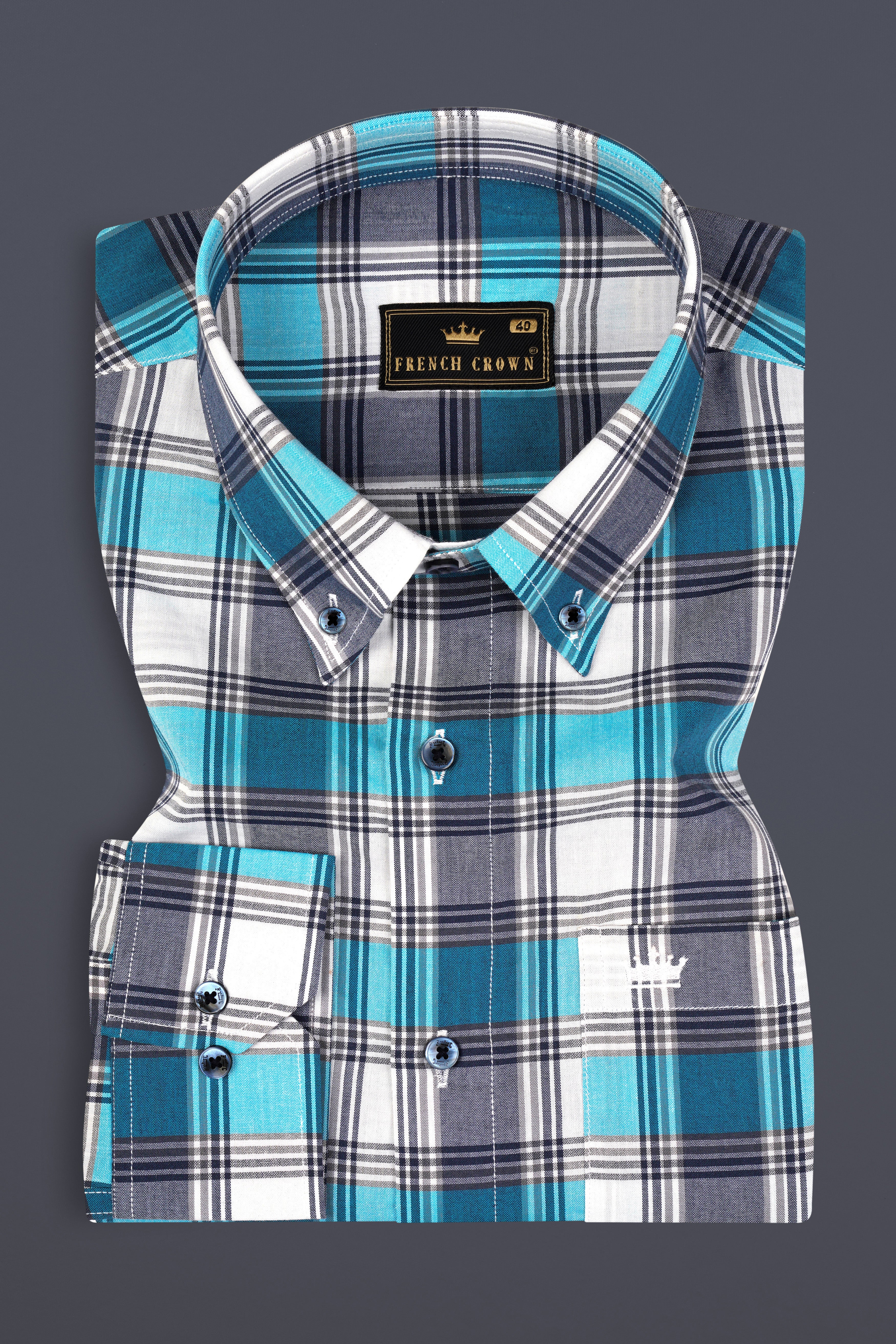 Bright White with Orient and Cloud Burst Blue Plaid Premium Cotton Shirt