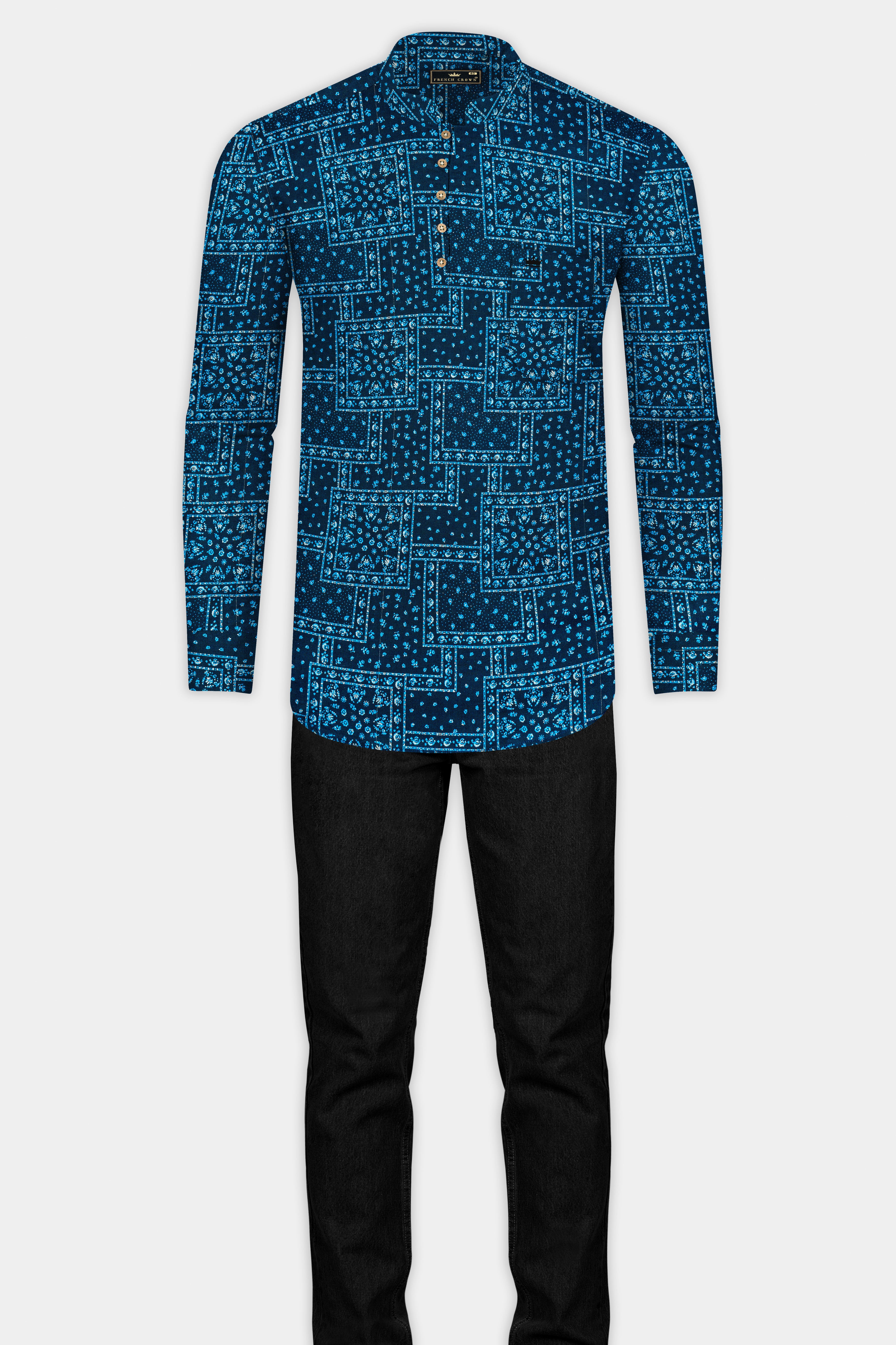 Tarawera Blue Luxurious Linen Designer Kurta Shirt