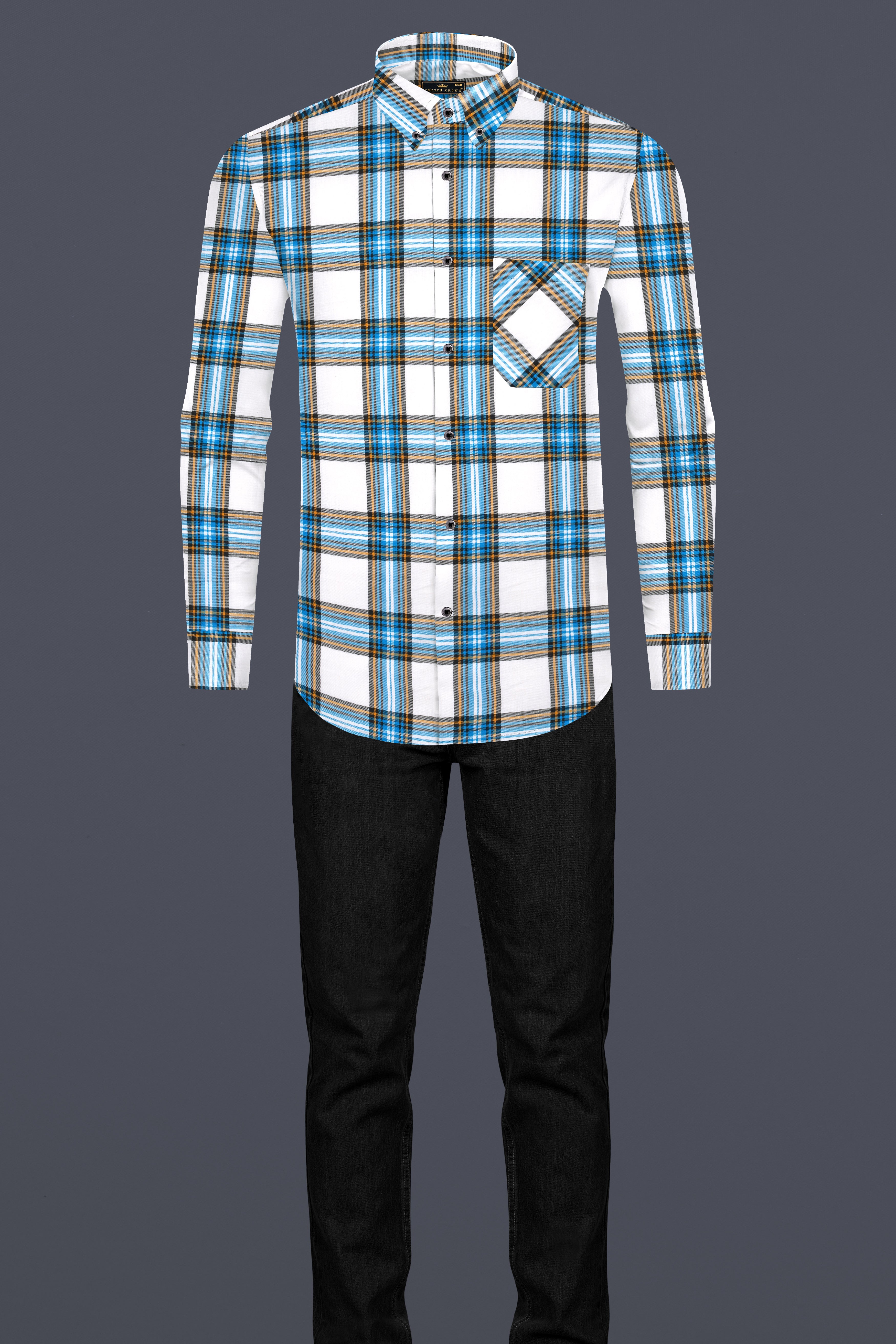 Bright White and Celestial Blue Twill Plaid Premium Cotton Shirt