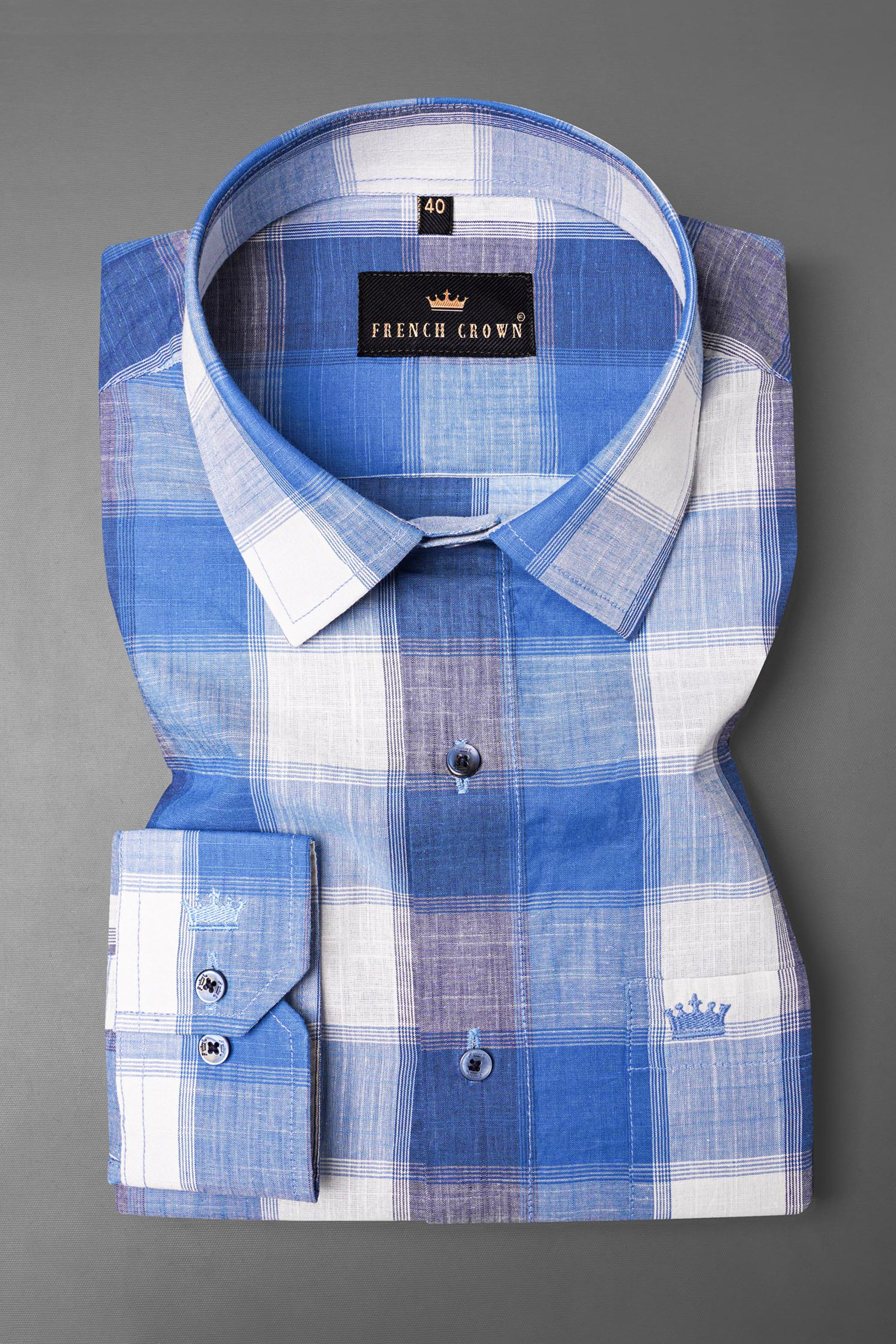 美品 sequel check shirt BLUE L fragment San Marino Blue and White Casual Checks-Plaid Premium Cotton Shirt