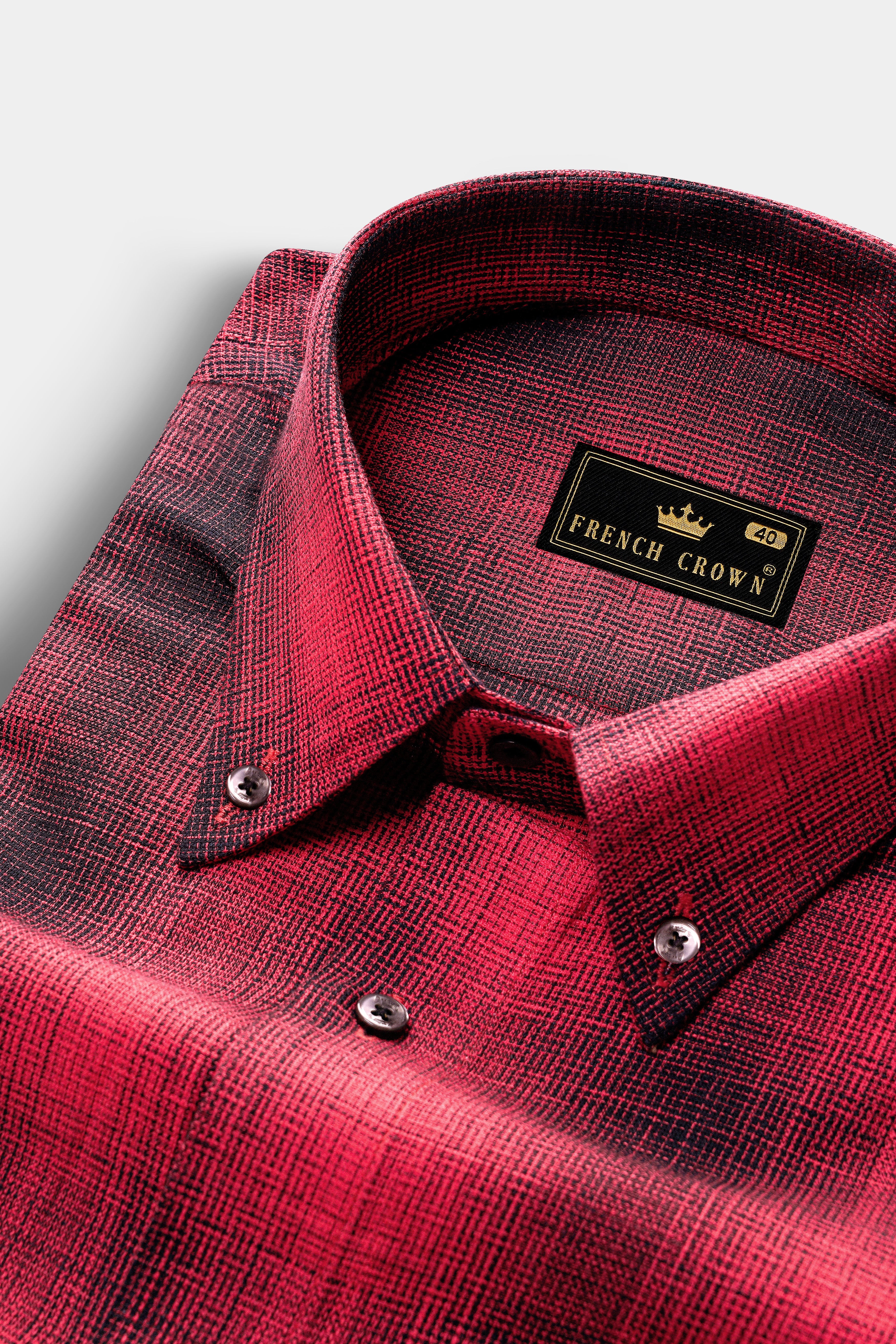 Pale Carmine Red and Jade Black Plaid Dobby Textured Premium Giza Cotton Shirt