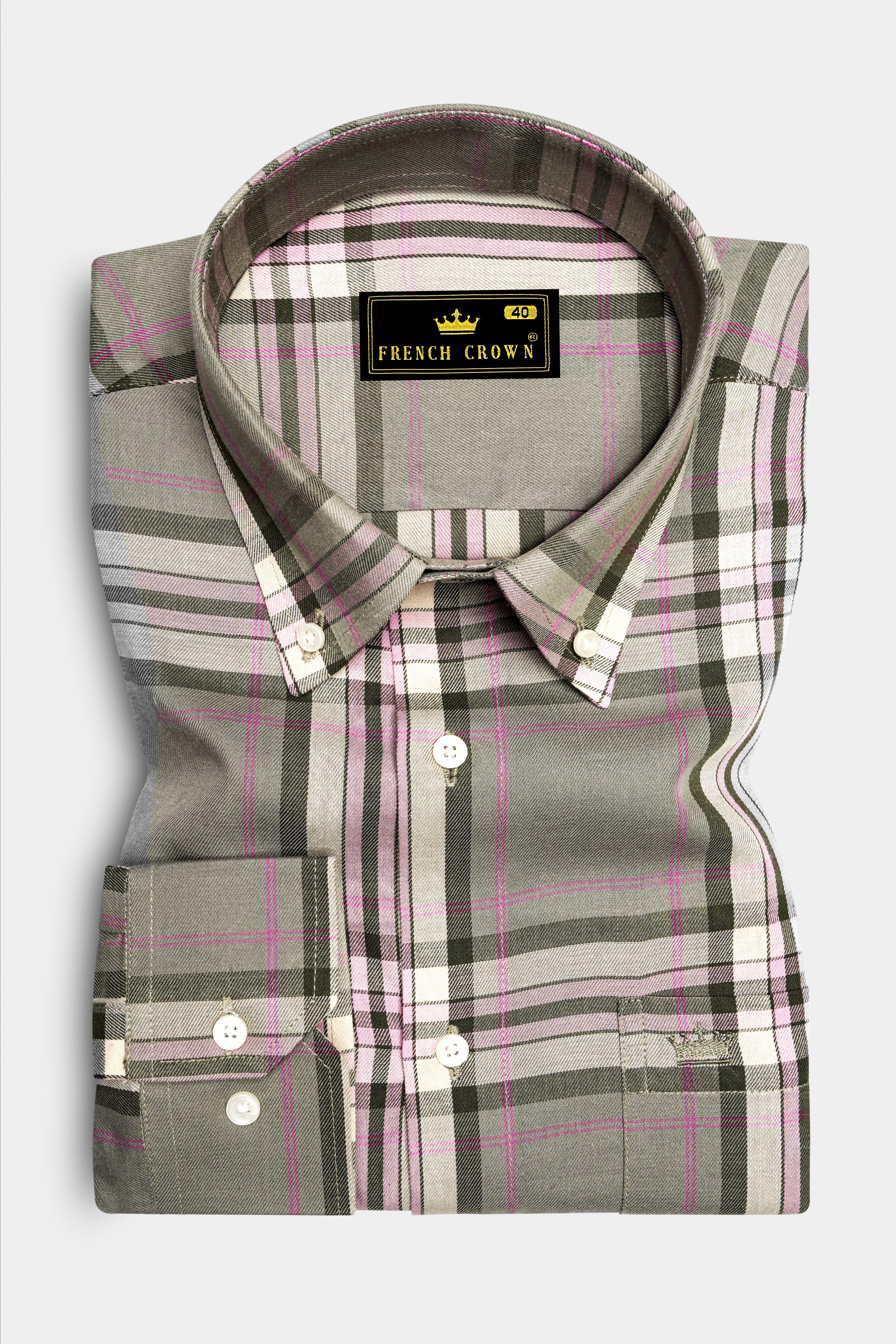 Mountain Mist Green Twill Plaid Premium Cotton Shirt