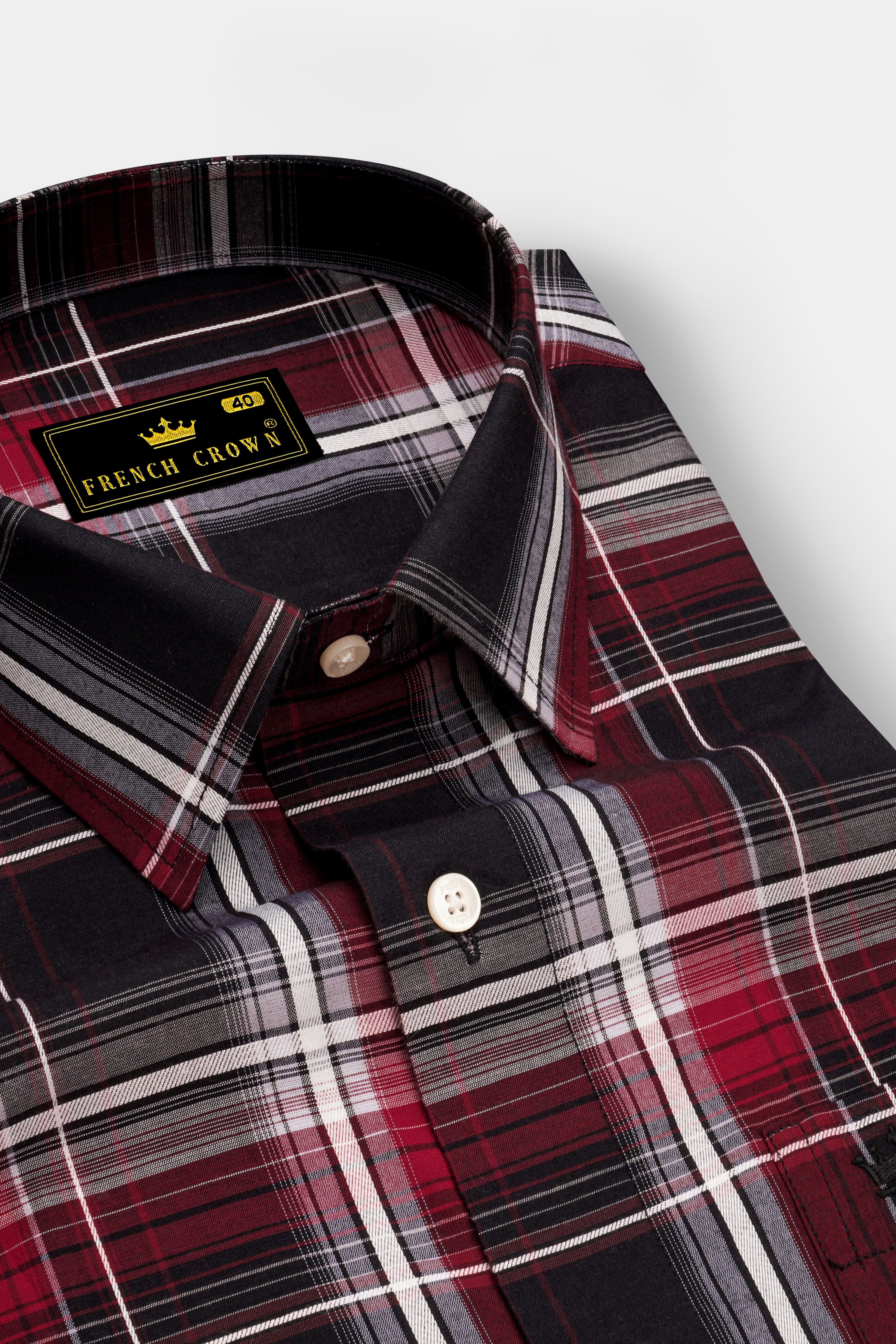 Jade Black and Fire Brick Red Plaid Dobby Textured Premium Giza Cotton Shirt