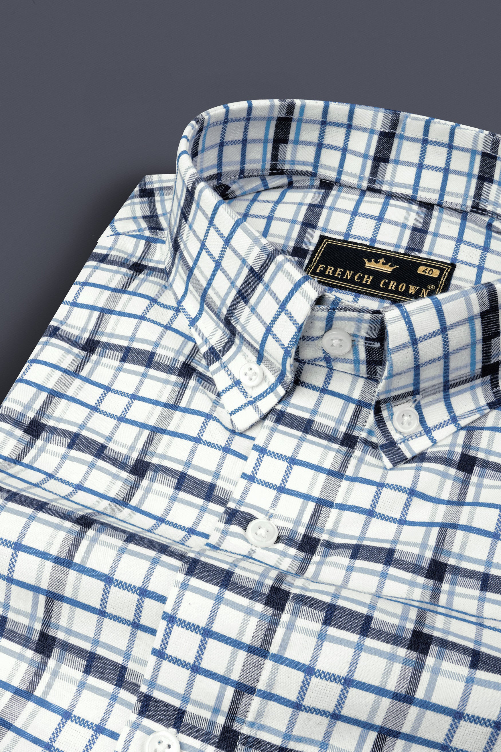 Limed Spruce Navy Blue and Metallic Blue and white Twill Plaid Premium Cotton Shirt