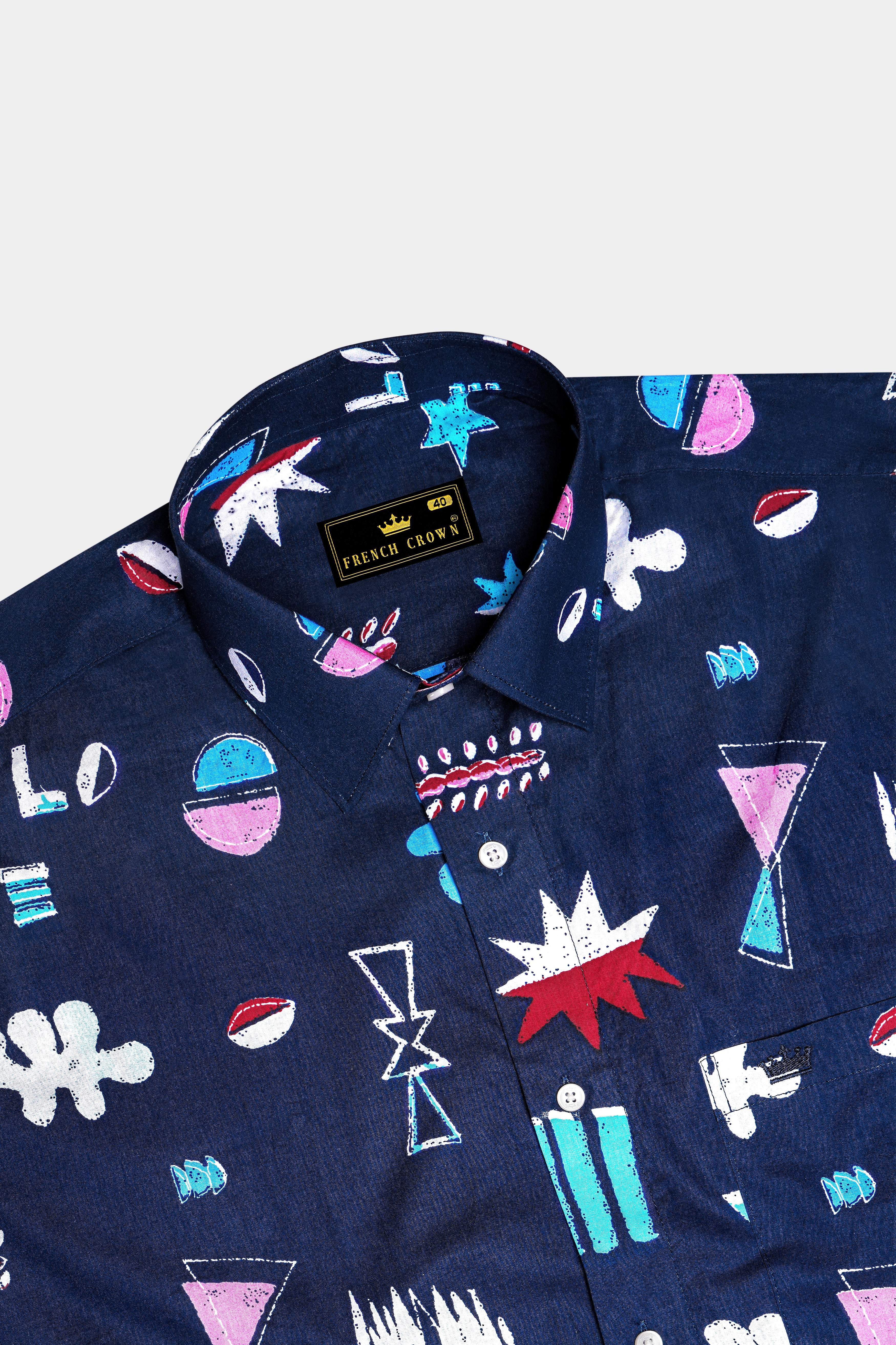 Fiord Blue with Multicolor Printed Premium Cotton Shirt