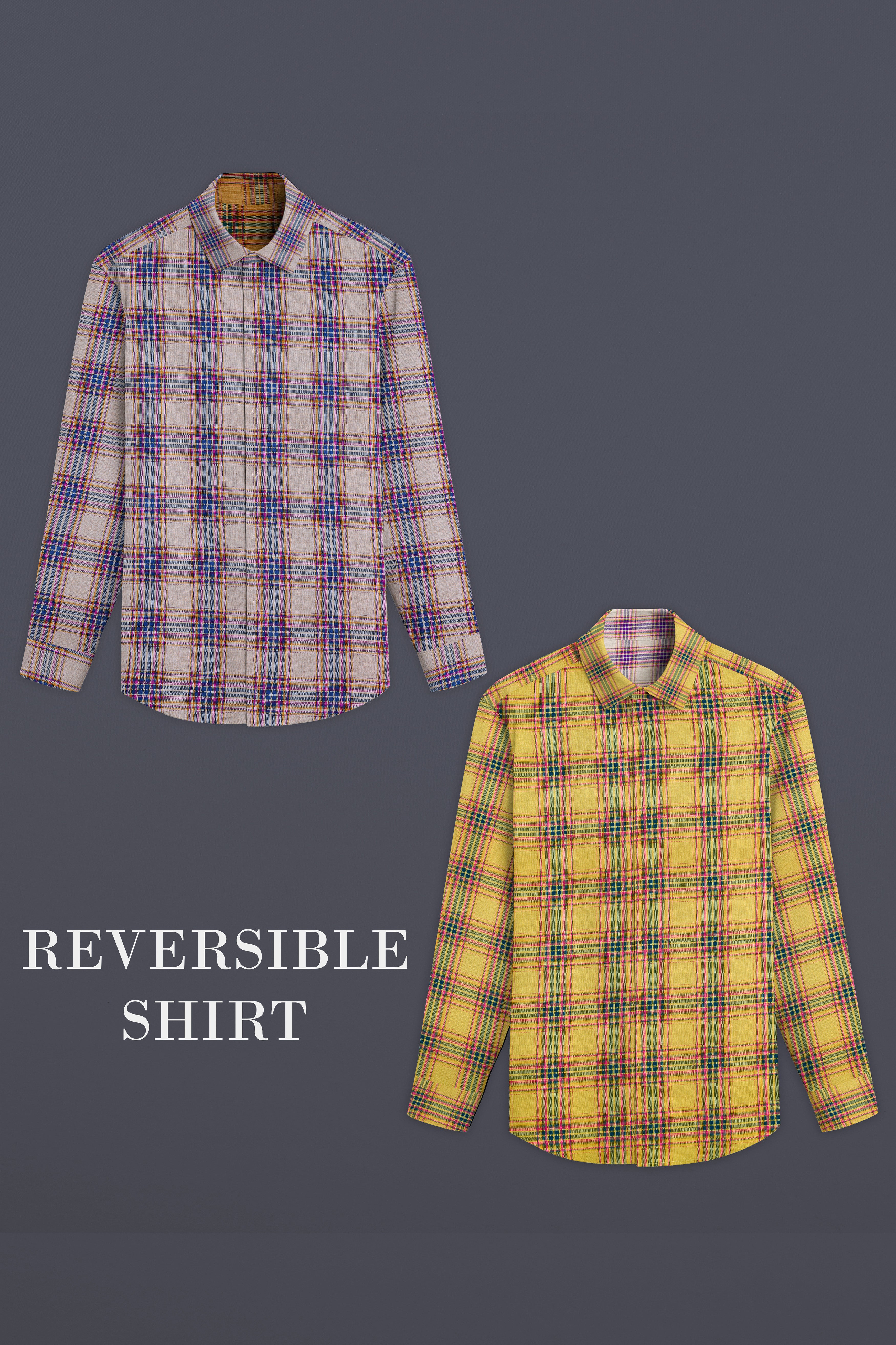 Taco Brown Plaid and Gainsboro Plaid Herringbone Reversible Shirt